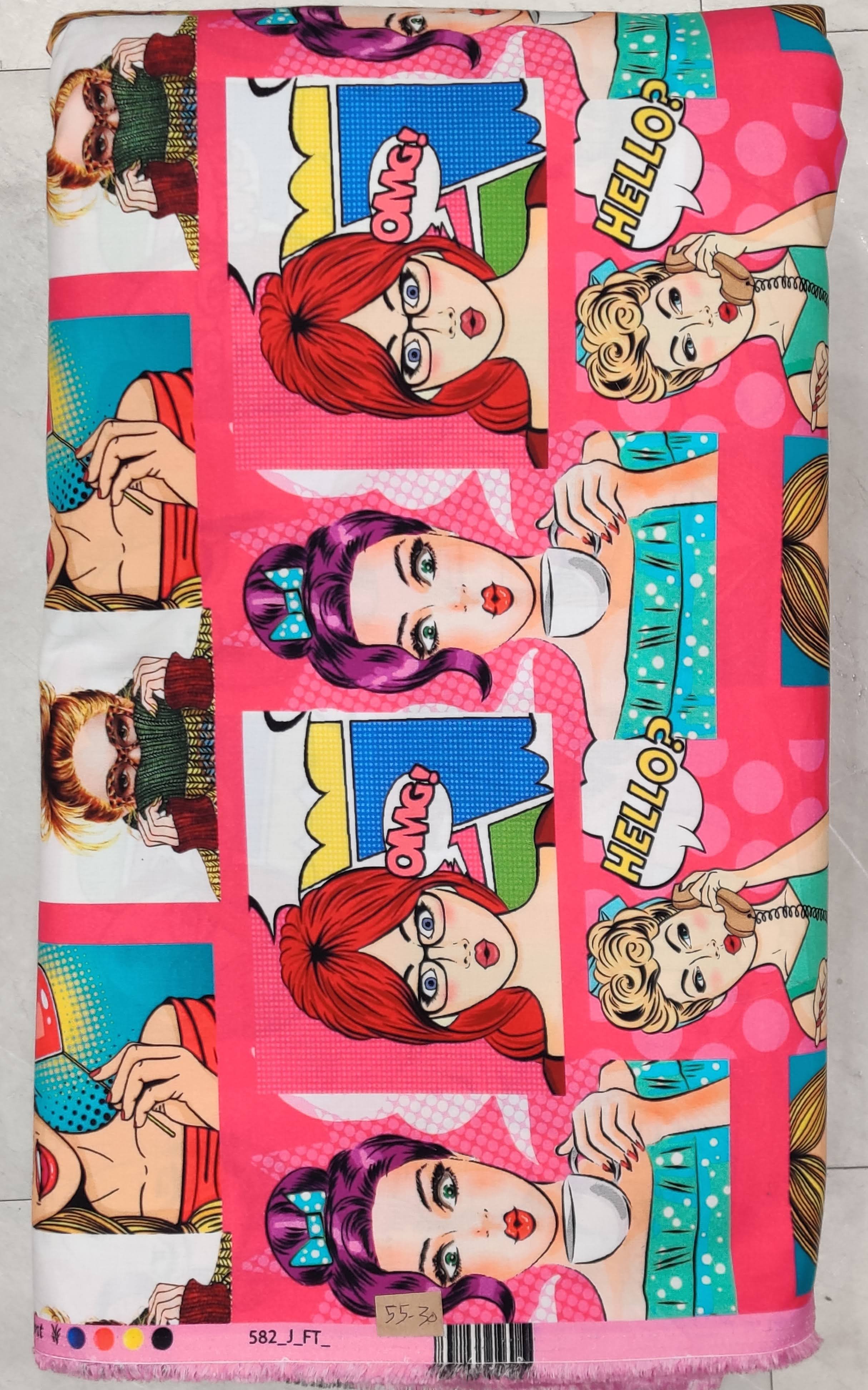 Vibrant magenta-pink and coral-red background featuring a pop-art comic strip panel print with illustrated portrait frames of glamorous women in sunglasses, colorful styling, and bold "HELLO" text blocks.