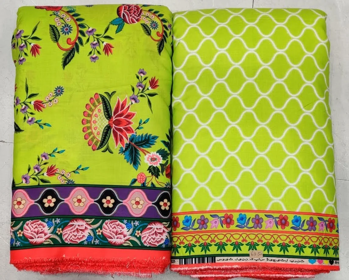 Rich moss-green and bright citrus-lime modal-cotton fabric featuring an all-over intricate floral and paisley print, finished with a contrasting ornamental border along the hem.