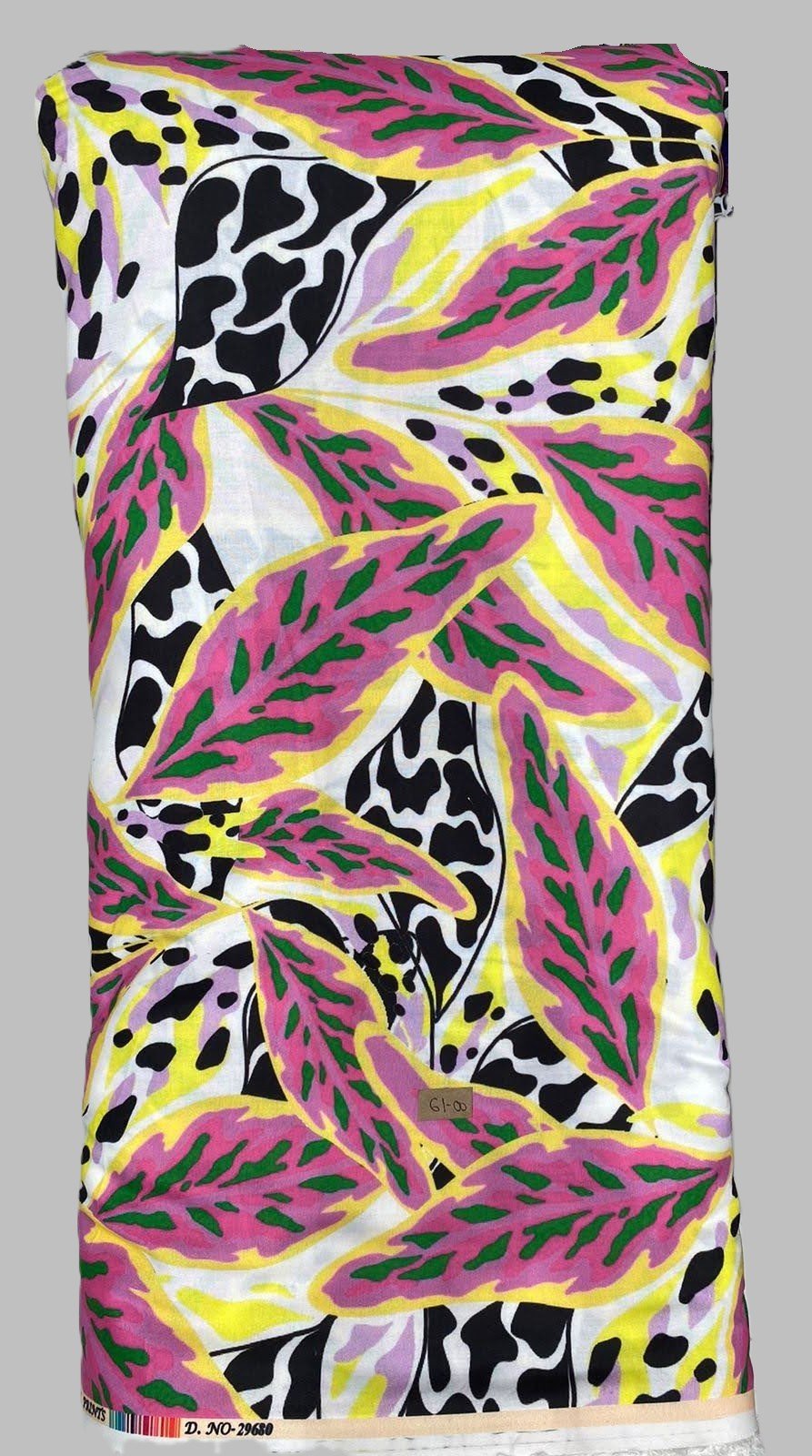 Soft white fabric featuring an abstract botanical print with bold, flowing coral-pink leaves and sleek black organic shapes.