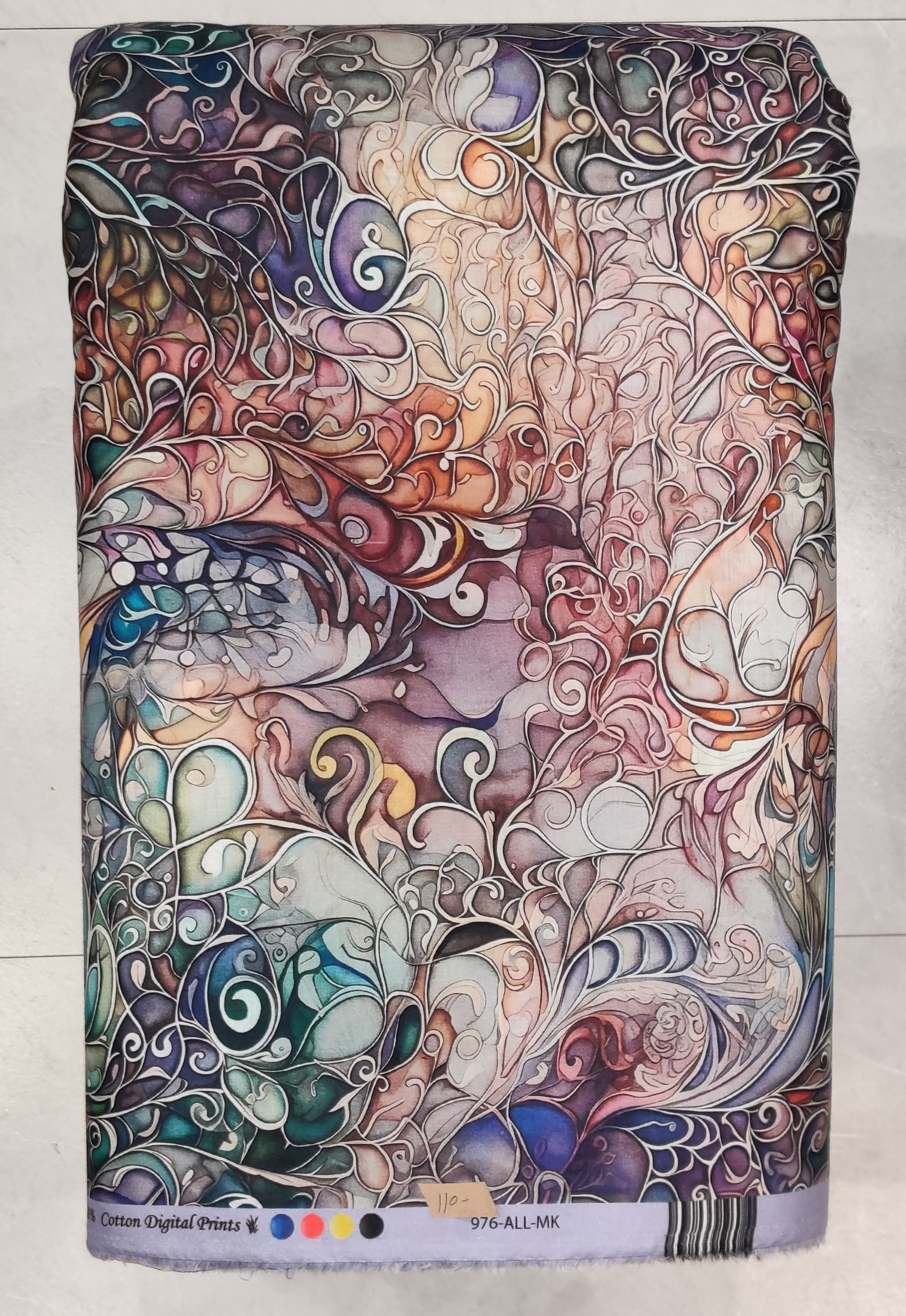 Soft pastel pink, blue, and peach fluid abstract print, ideal for crafting ethereal contemporary dresses and flowing tops.