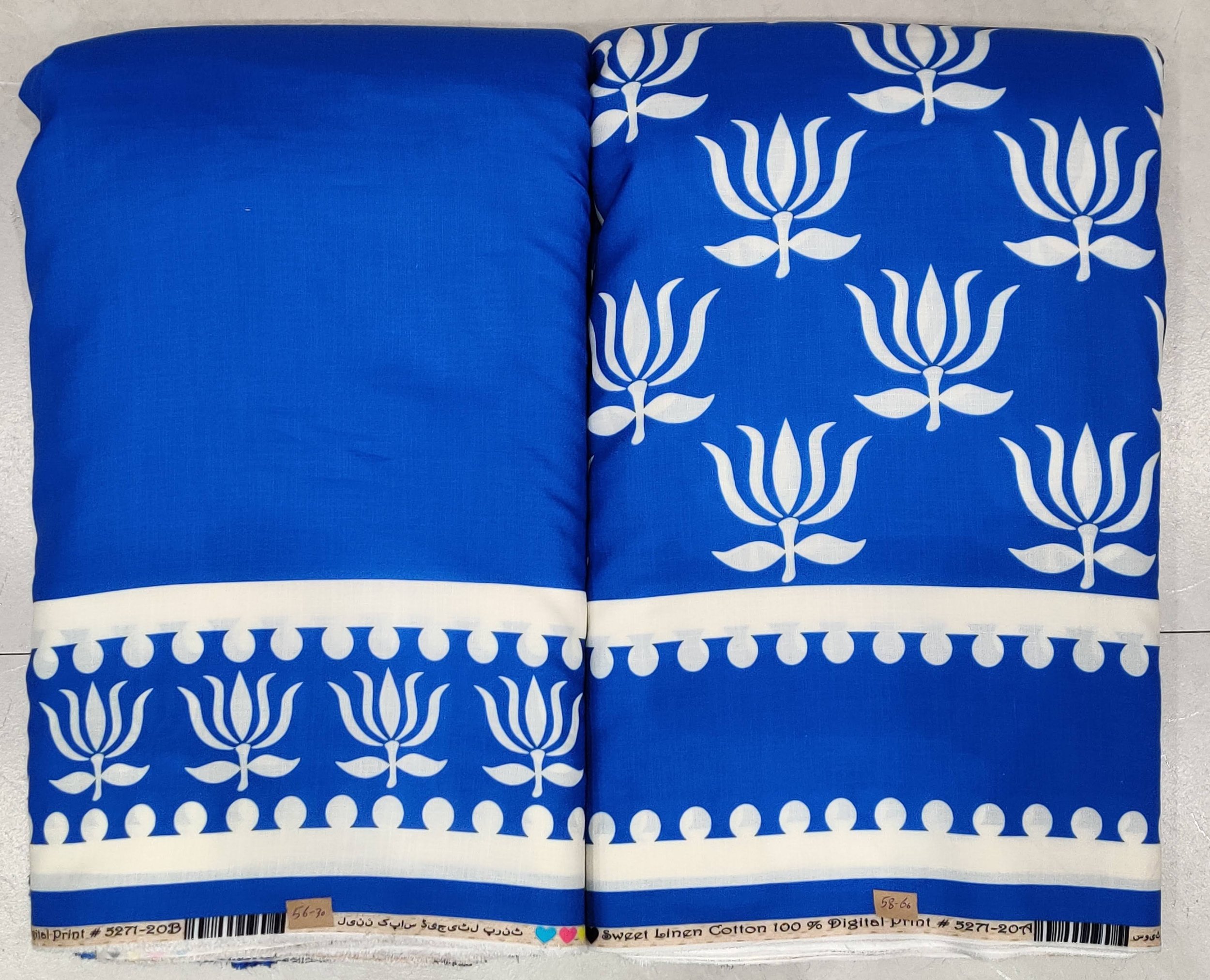 Deep sapphire-blue border-print fabric featuring an intricate white floral block-print pattern along the main body, finished with an elegant geometric hemline border.