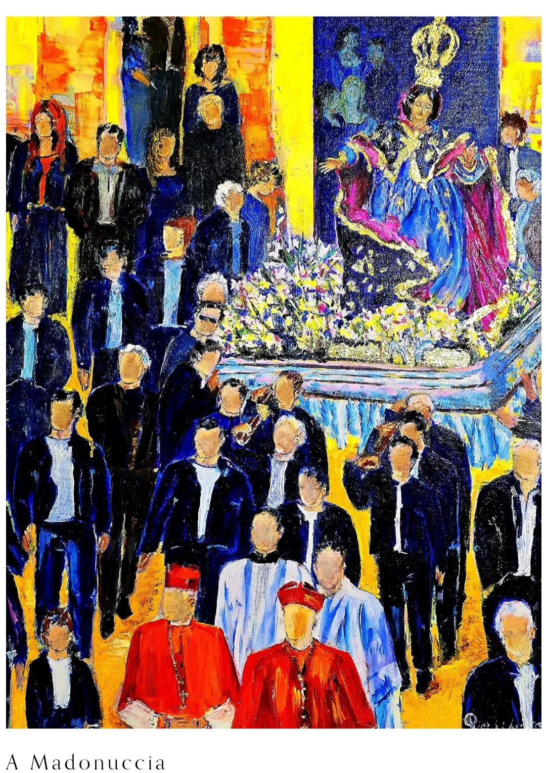 La foule se presse à la sortie de la cathédrale d'Ajaccio.. Prières ferventes.  L'assemblée des fidèles regarde..
Les confrères portent la lourde chasse de la Vierge Sainte,  patronne de la ville.
Si fragile et si puissante',  toujours présente, A Ma