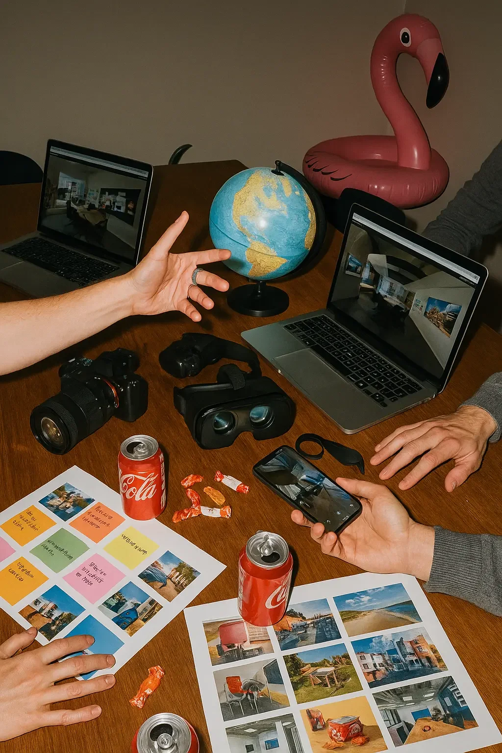Denne illustration viser en gruppe mennesker, der arbejder på en bord med fotografier, boblebad, globus, laptops, kamera, VR-briller, sodavand, slik og en flamingo oppustelig. Personen til venstre peger mod globusen, mens en anden person tager et billede med en smartphone.