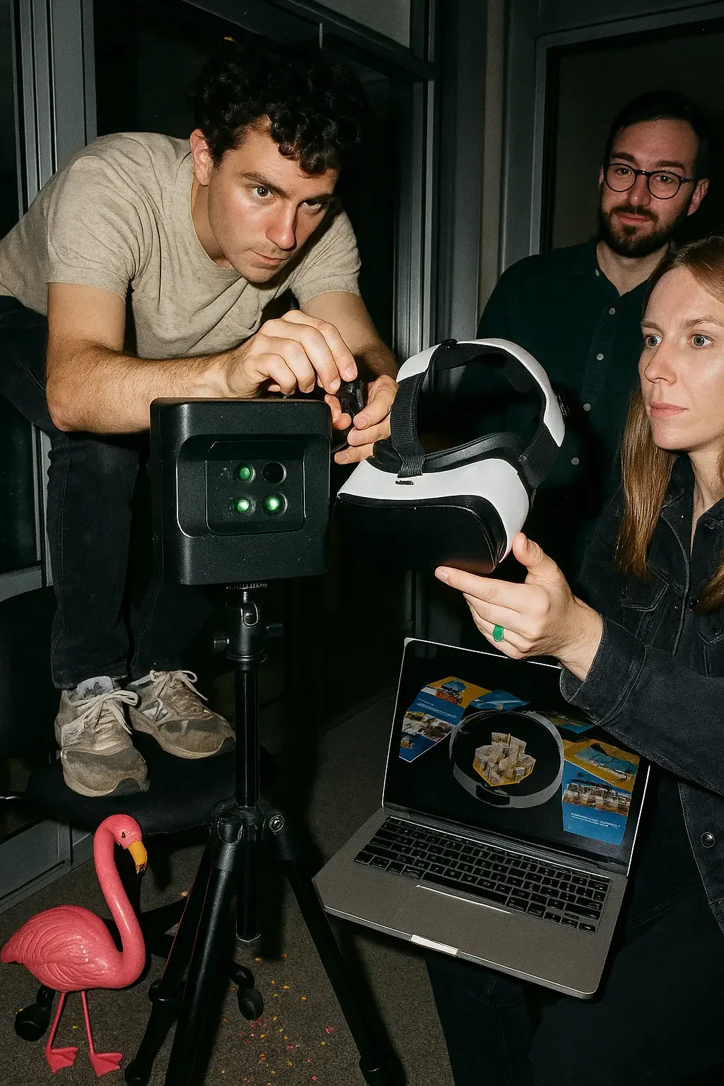 Tre personer arbejder med VR-udstyr, en laptop viser et billede af VR-headset, og en flamingo er placeret på gulvet.