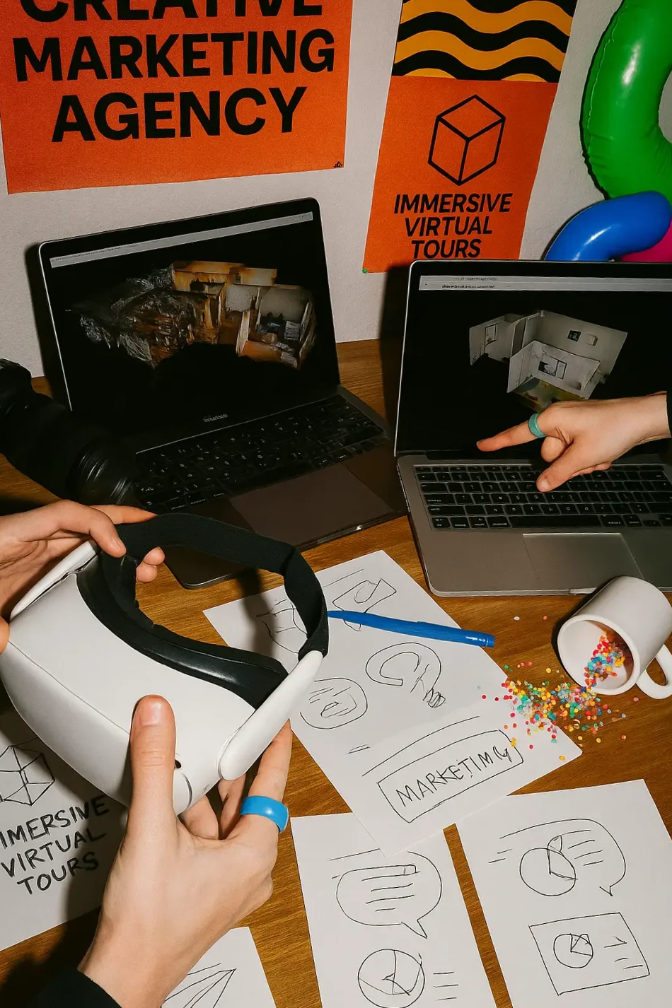 Et bord med to laptops, en person holder en VR-brille, og der er papir med diagrammer og aftenkaffe omringet af farverige prikker. Baggrund med marketing- og virtuel ture- plakater.