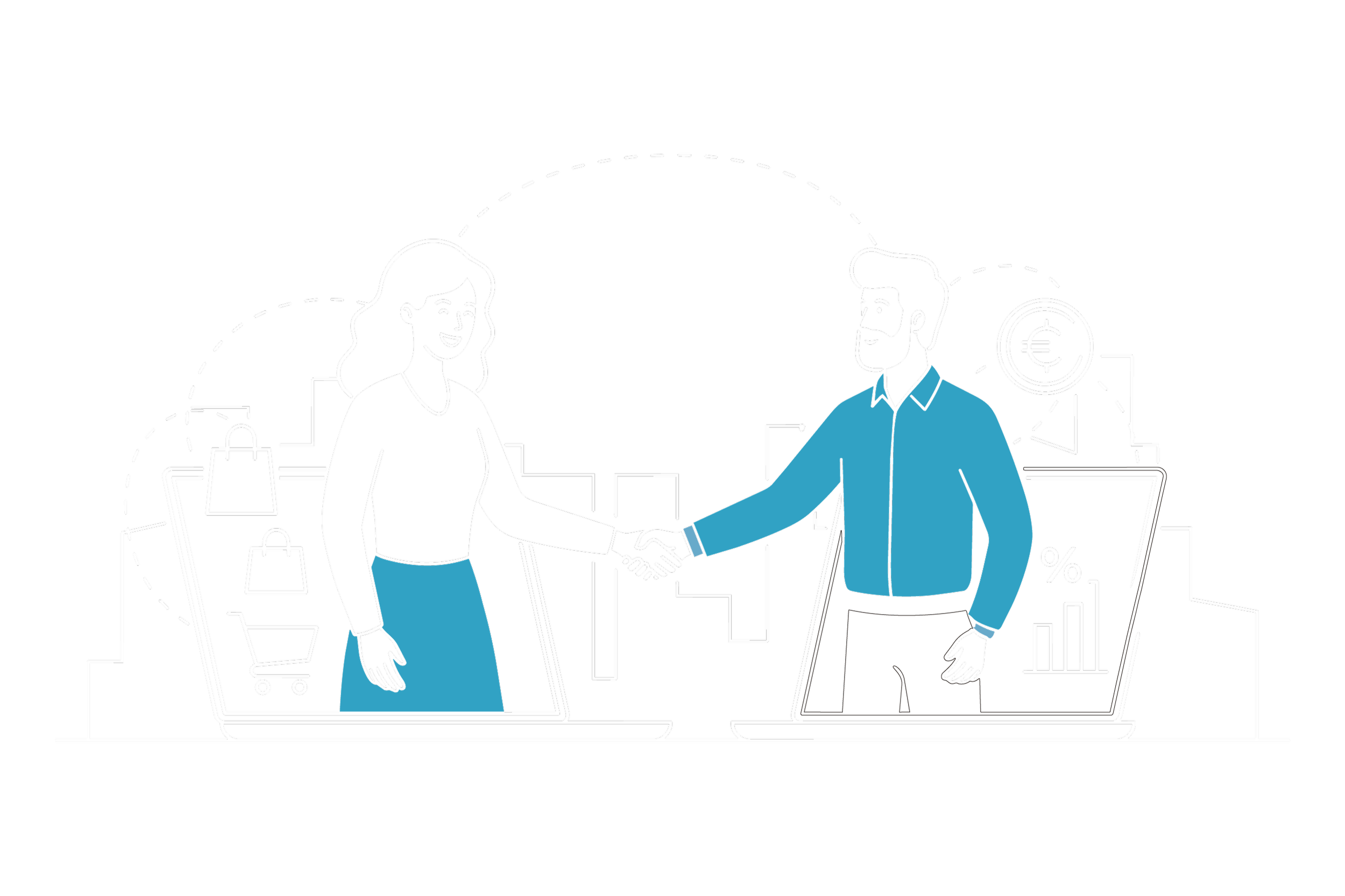 Ilustração de um homem e uma mulher trocando um aperto de mãos por meio de laptops, simbolizando um acordo comercial ou parceria, com elementos relacionados a compras, finanças e economia ao fundo.