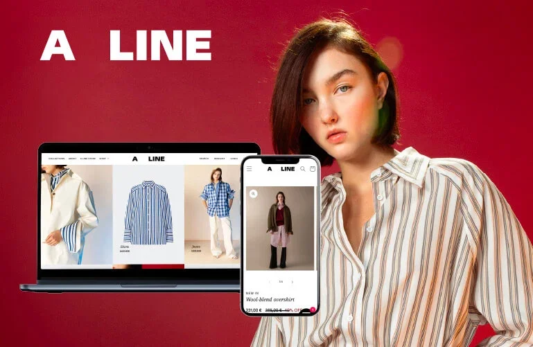 Imagem de uma mulher jovem ao lado de um laptop e um smartphone exibindo um site de moda chamado 'A LINE', com roupas estampadas e de cores claras, em fundo vermelho.
