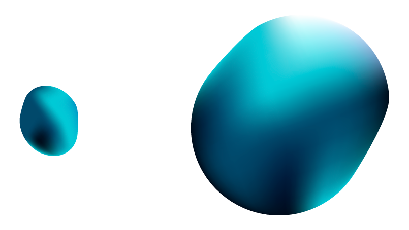 Ilustrações de dois objetos esféricos com cores azuladas, um menor e um maior, com gradientes de cor que variam do azul claro ao azul escuro.