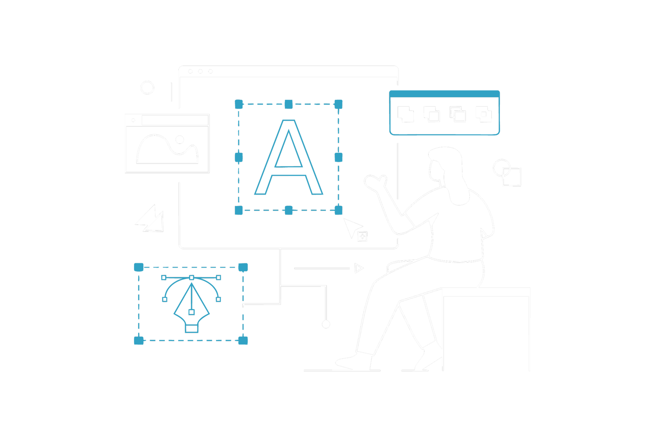 Ilustração digital de um ambiente gráfico de design, com várias janelas e ferramentas, incluindo uma janela com a letra 'A' selecionada, uma imagem, uma barra de ferramentas com formas, e uma pessoa sentada, interagindo com o ambiente digital.
