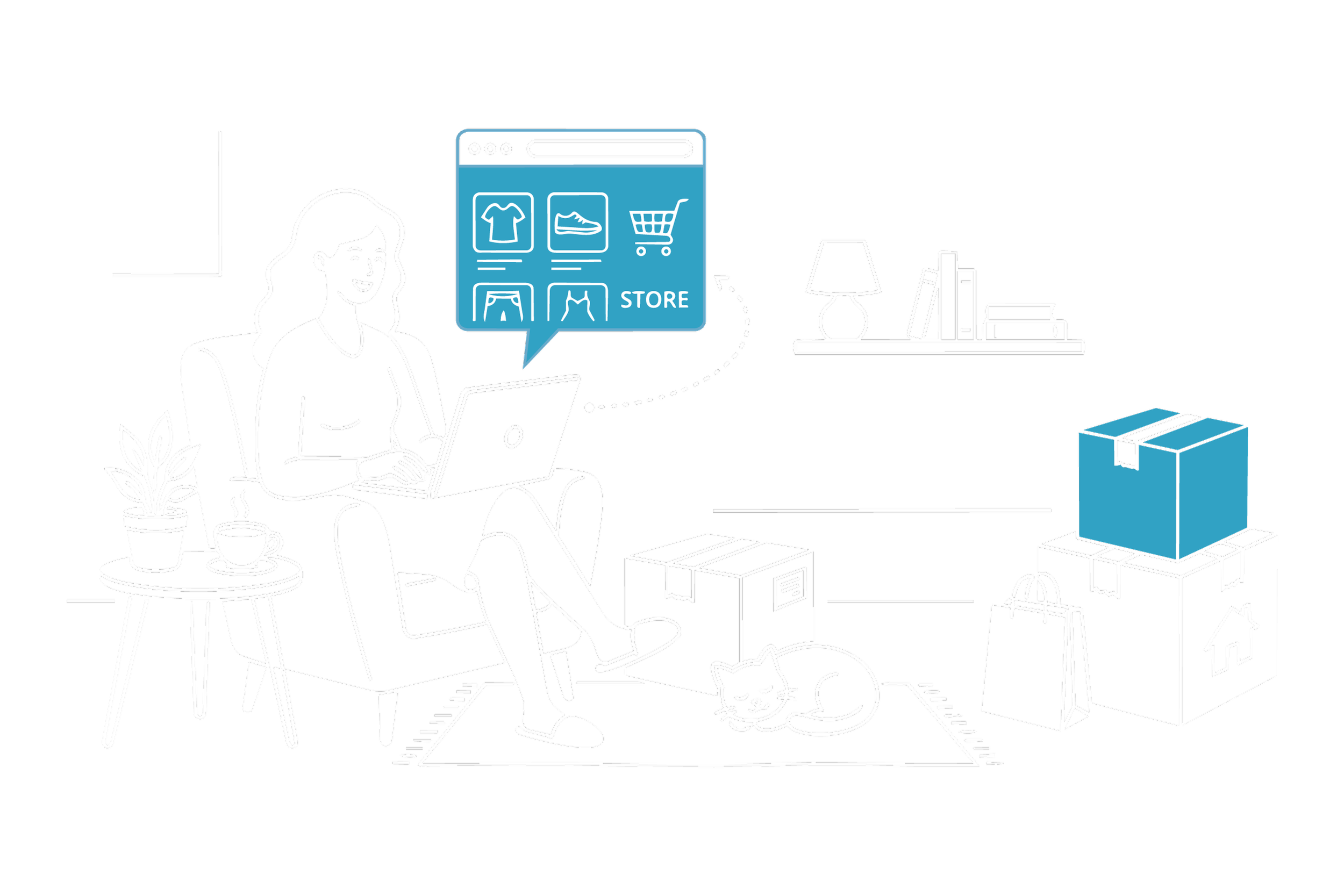 Ilustração de uma mulher sentada em uma cadeira confortável, usando um laptop, com uma xícara de café na mesa ao lado, ao fundo há uma estante com livros, uma luminária, uma caixa de mudança, uma caixa de papelão com uma caixa azul em cima, uma sacola de papel, um gato deitado no tapete, uma planta, uma casa pequena, e uma caixa de papelão com um pacote estilizado.