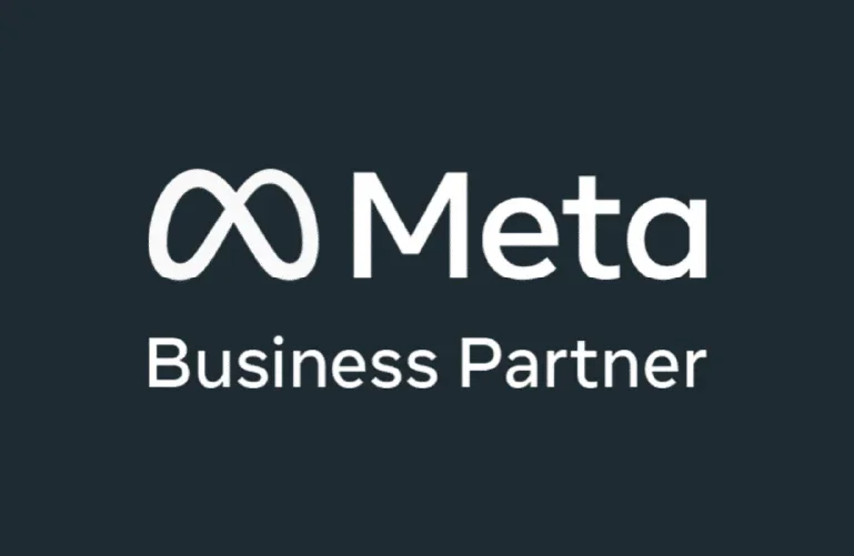 Logotipo da Meta com texto "Meta Business Partner" em fundo escuro.