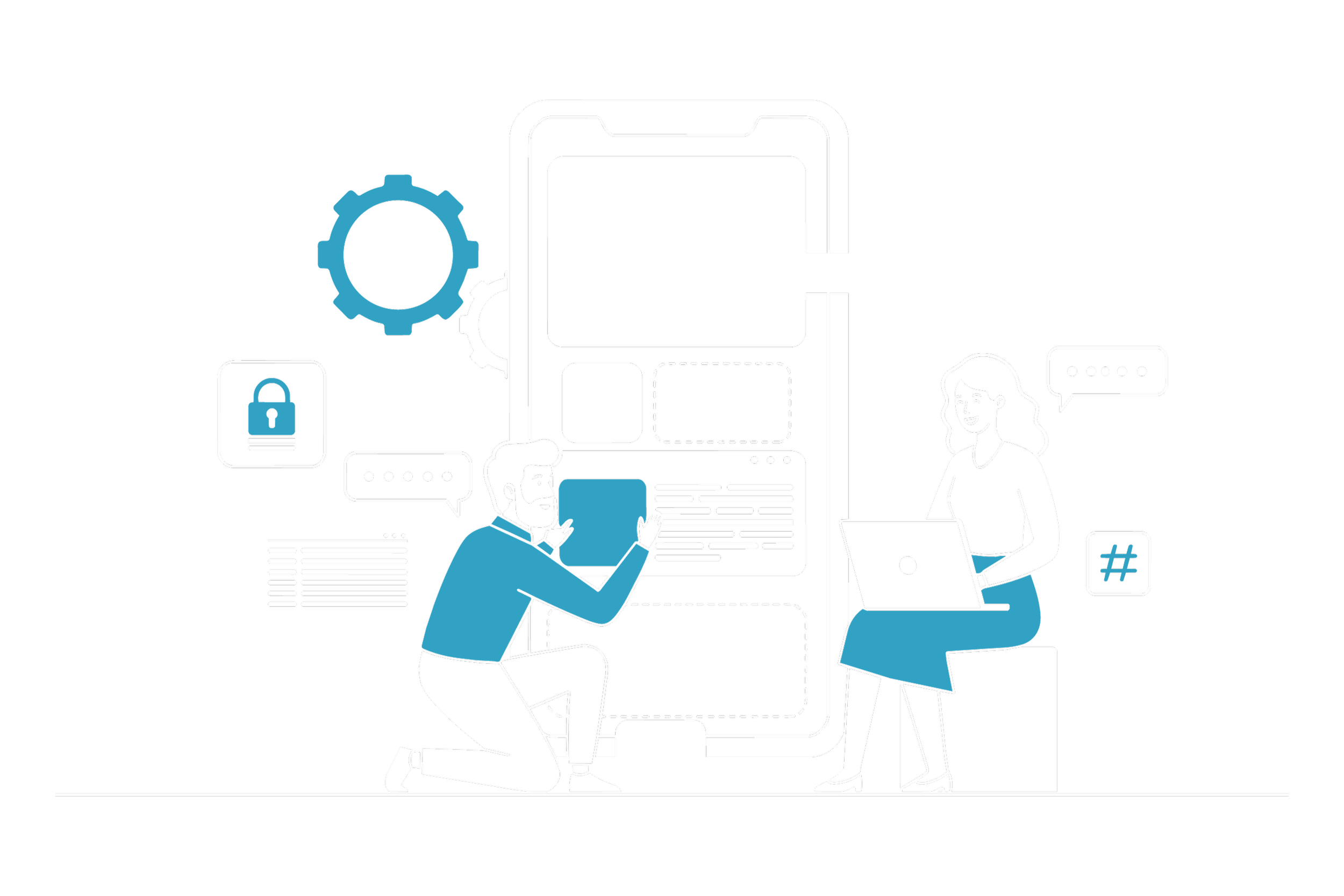 Ilustração de duas pessoas interagindo com um grande smartphone, cercadas por ícones de segurança digital, configurações e comunicação, simbolizando tecnologia e segurança.