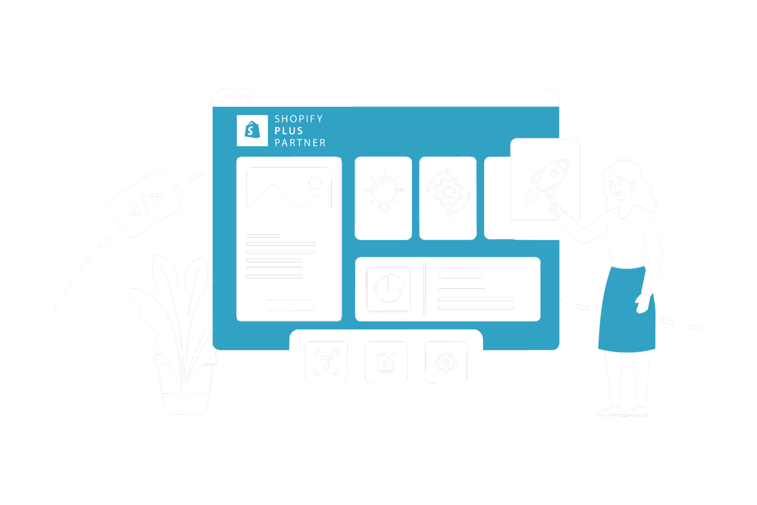 Ilustração de uma tela de computador que exibe o logo do Shopify Plus Partner, com uma mulher sorridente apontando para a tela, em um fundo preto com elementos gráficos relacionados ao desenvolvimento web