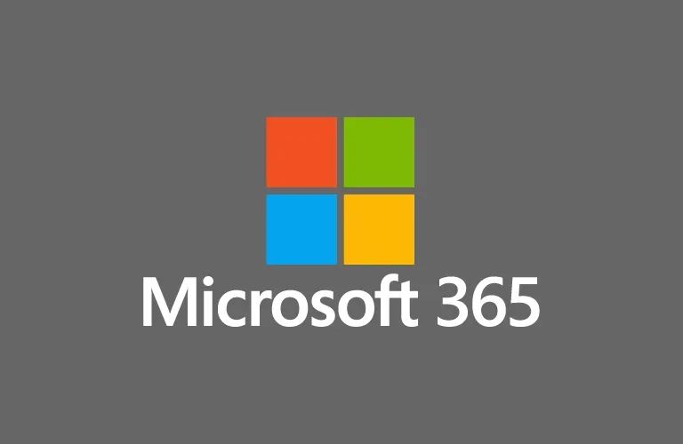 Logo do Microsoft 365 com fundo cinza, composto por quatro quadrados coloridos (vermelho, verde, azul e amarelo) e o texto "Microsoft 365" abaixo.