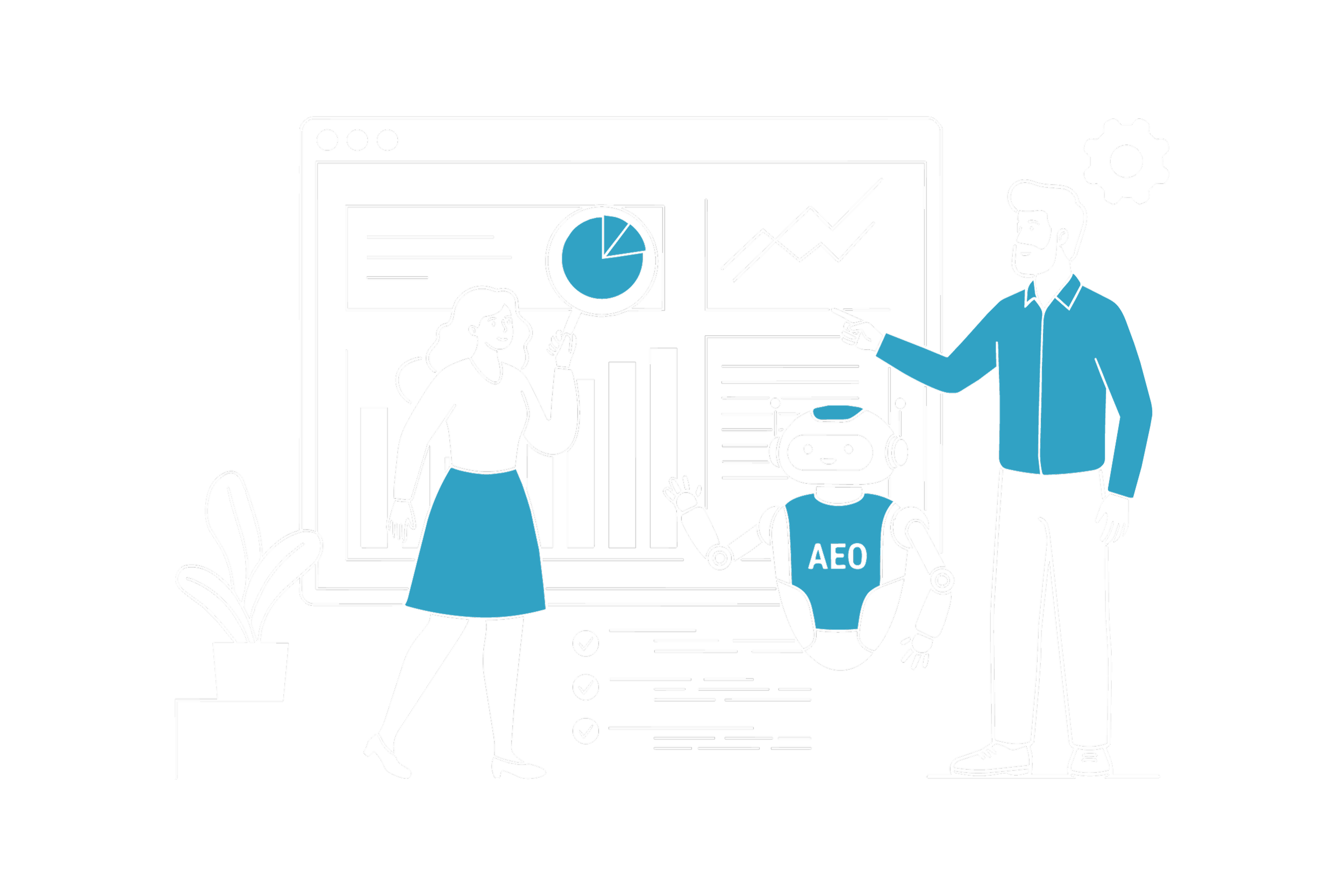 Ilustração de uma interação entre pessoas e um robô com a palavra 'AEO' no peito, envolvendo gráficos de análise de dados e tecnologia.