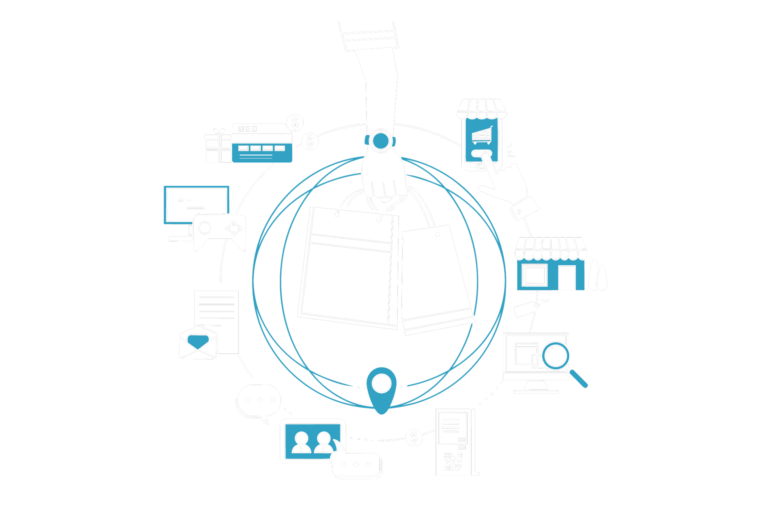 Ilustração com elementos relacionados a comércio eletrônico e tecnologia, incluindo um smartphone, carrinhos de compras, computadores, cadeados de segurança, símbolos de dinheiro, envelopes, gráficos de vendas, e ícones de comunicação, organizados ao redor de uma mão segurando uma sacola de compras.