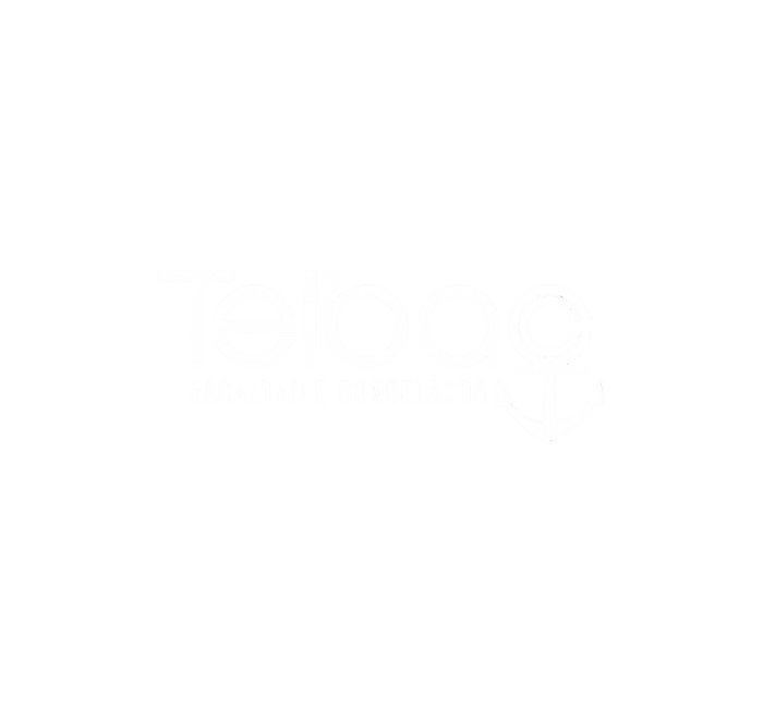 Logotipo branco do restaurante Telbac, especializado em bacalhau, com um âncora estilizada na ponta da letra C.