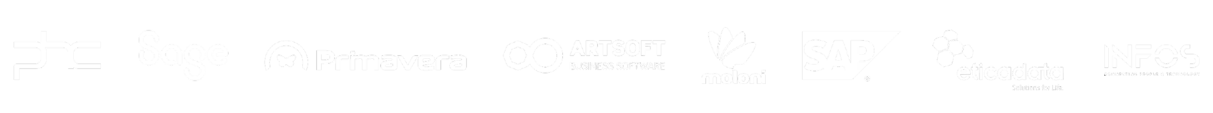 Logos de várias empresas de tecnologia, incluindo TSC, Sage, Primavera, Artsoft, Moloni, SAP, Eticadata e Infocs, em fundo preto.
