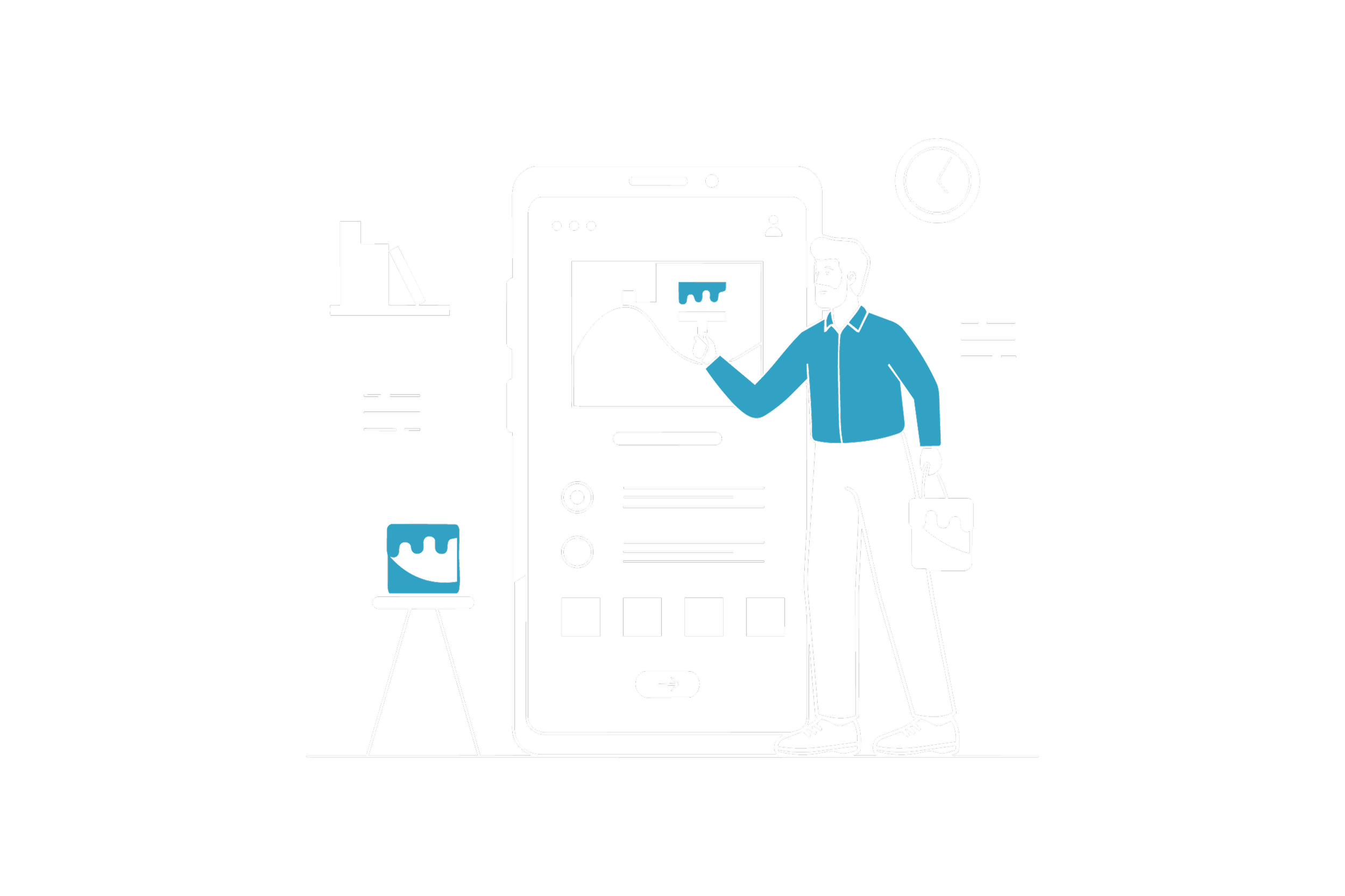 Ilustração de uma pessoa de barba apontando para uma tela de celular que mostra um gráfico, enquanto segura uma sacola e está ao lado de uma mesa com uma lata de tinta. Há uma parede com prateleiras ao fundo e um relógio na parede.