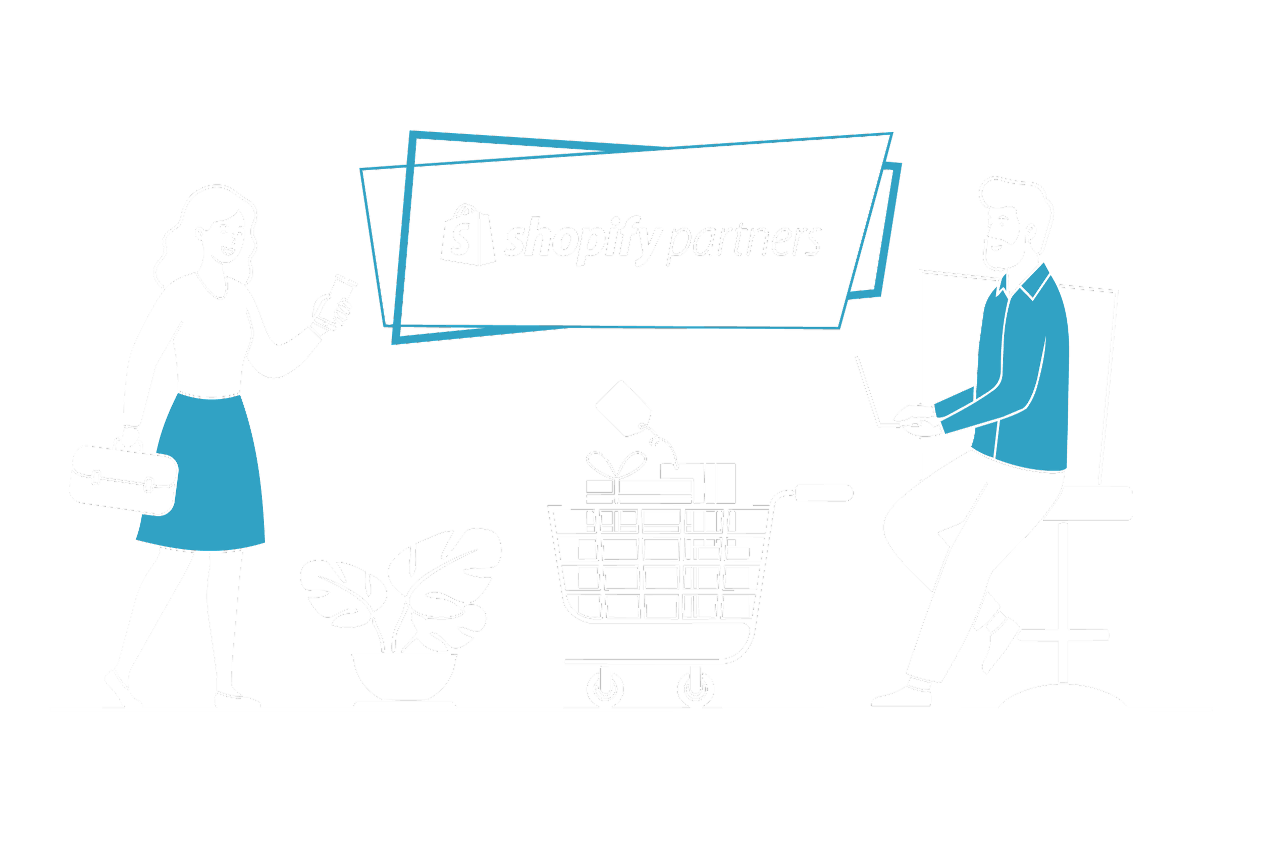 Ilustração de uma mulher com roupas claras e saia azul, segurando uma bolsa, caminhando ao lado de um homem com cabelo e barba, usando camisa azul e calça branca, sentado em um banco de rodinhas de loja. Entre eles, há uma cesta de compras com presente e plantas ao redor. No centro, há um grande banner com o logo do Shopify Partners.
