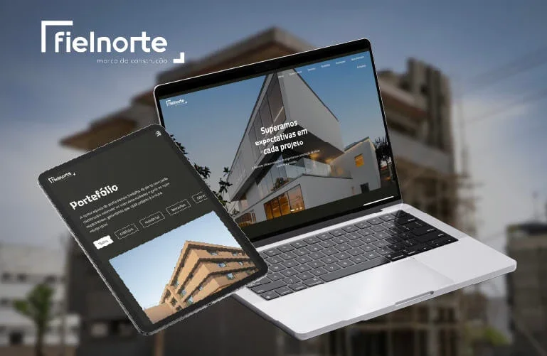 Imagem de um laptop e um smartphone exibindo um site de construção civil chamado Fielnorte, com uma construção moderna ao fundo.
