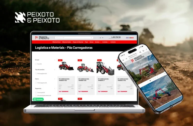 Tela de computador e celular exibindo o site de Peixoto e Peixoto, uma loja de equipamentos agrícolas, com fotos de pás carregadoras.
