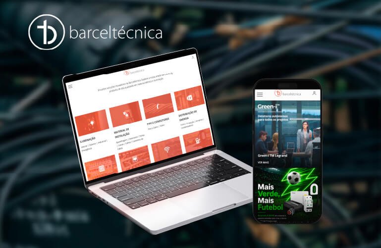 Imagem mostrando um laptop e um smartphone com o logo da empresa barcletécnica, exibindo páginas relacionadas a inspeções, materiais de instalação, dicas e notícias, com fundo de plantas ou natureza difusa.