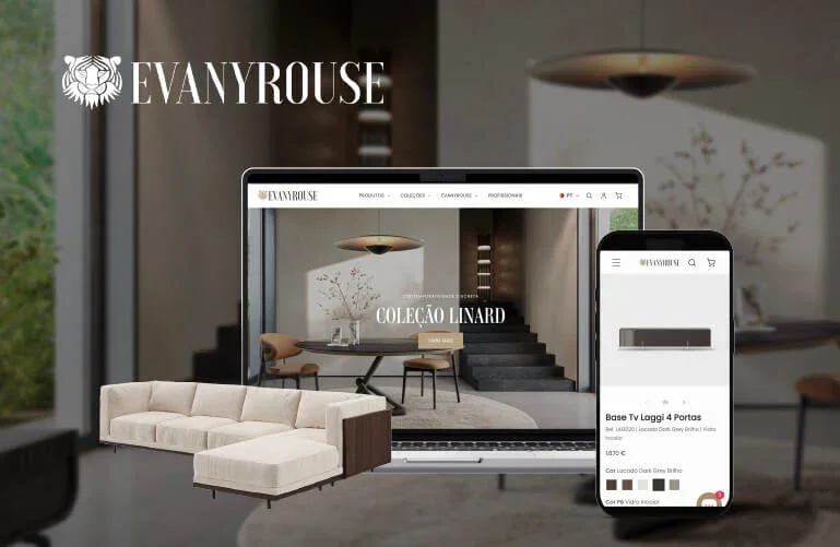 Imagem de uma loja de móveis online com televisão e smartphone exibindo o site EVANYROUSE, destaque para a coleção Linard com sofá e mesa de jantar.