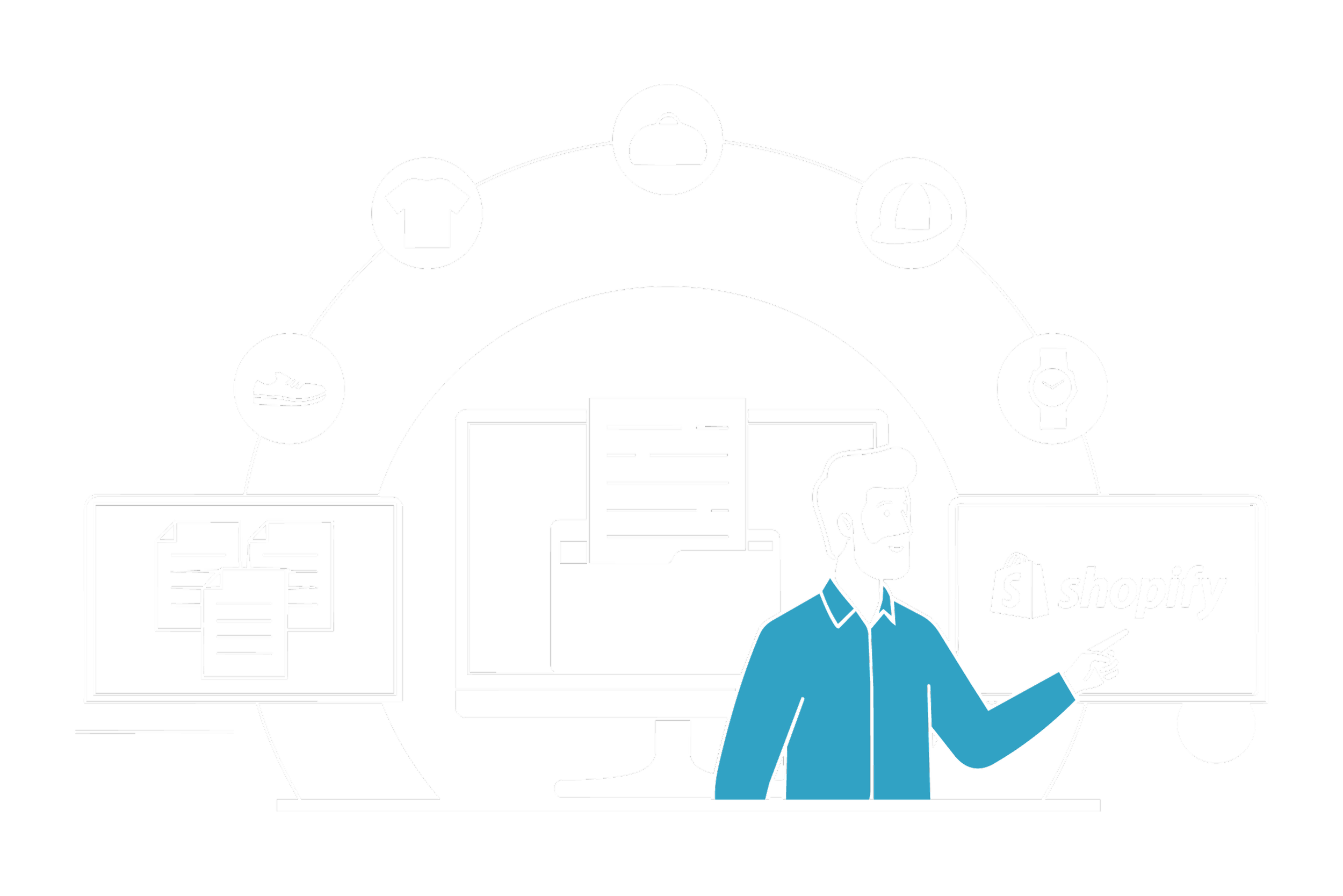 Ilustração digital de um homem com barba usando camisa azul, segurando um cartão de crédito, cercado por telas de computador com logos de Shopify e outros ícones relacionados a comércio eletrônico e gerenciamento de estoque.