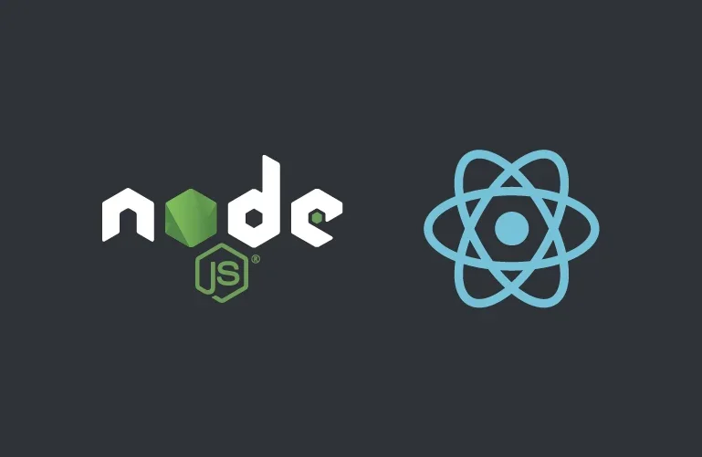 Logos do Node.js e React.js em fundo escuro.