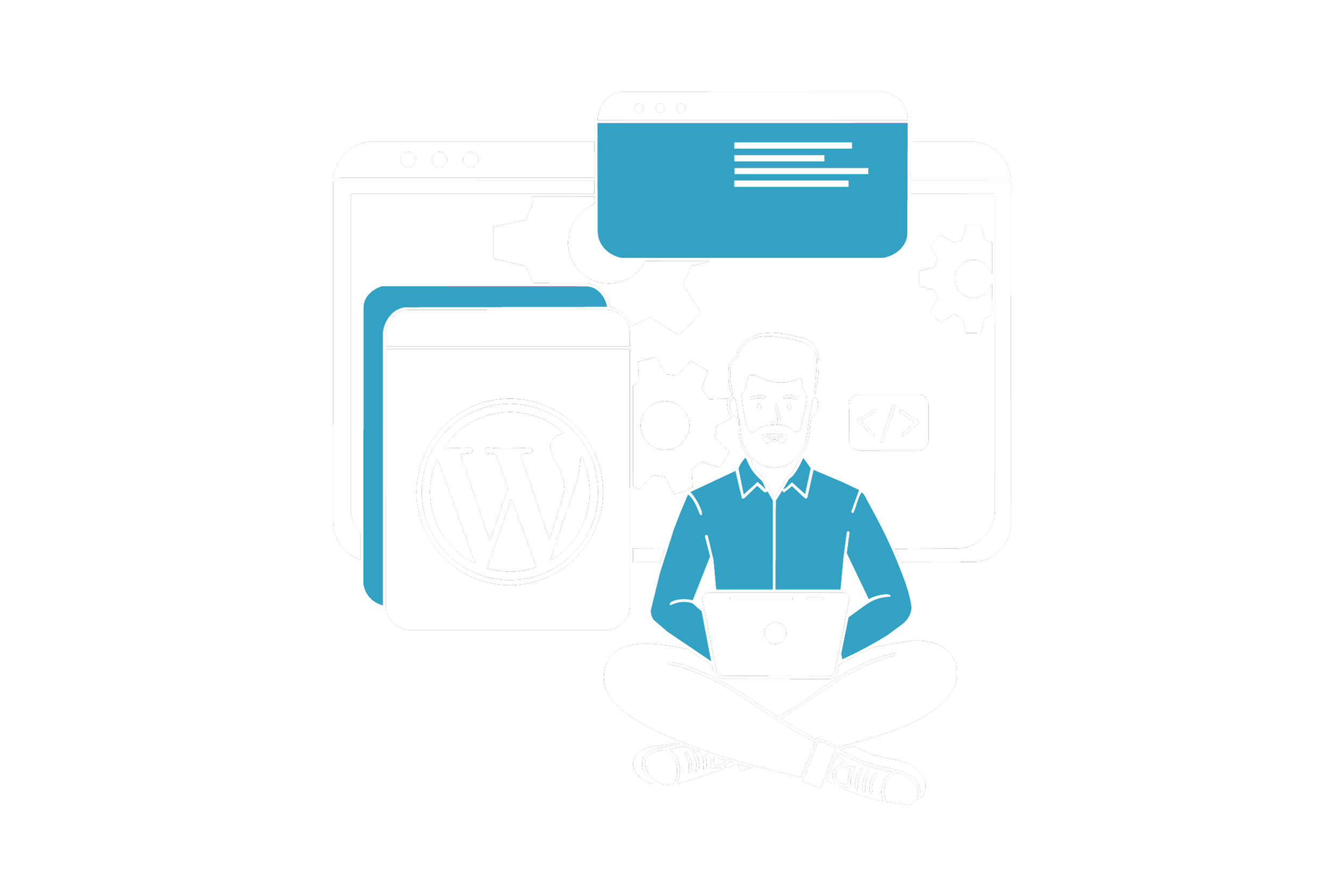 Ilustração de um homem sentado de pernas cruzadas usando computador, com símbolos relacionados a WordPress, código, engrenagens e janelas de navegador ao fundo.