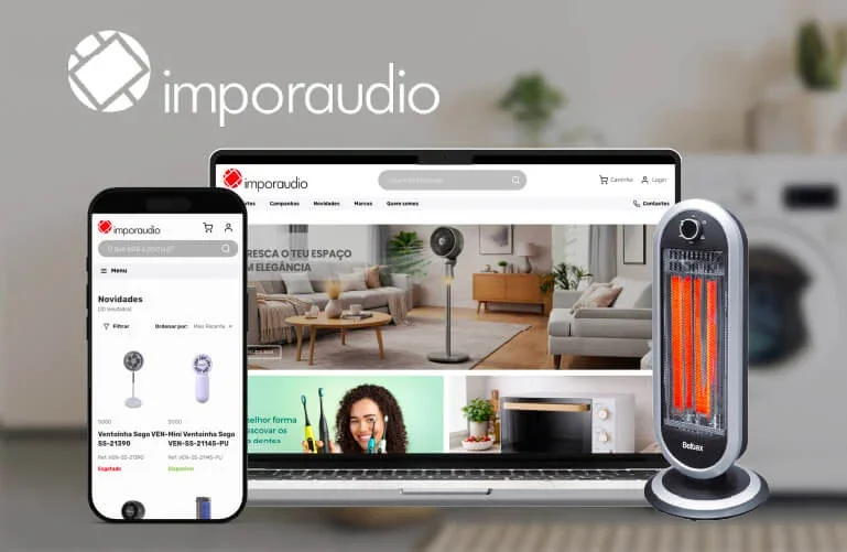 Imagem de uma tela de computador, um smartphone e um aquecedor portátil mostrando o site ou aplicativo da Imporaudio, uma loja online de eletrônicos e acessórios para o lar.