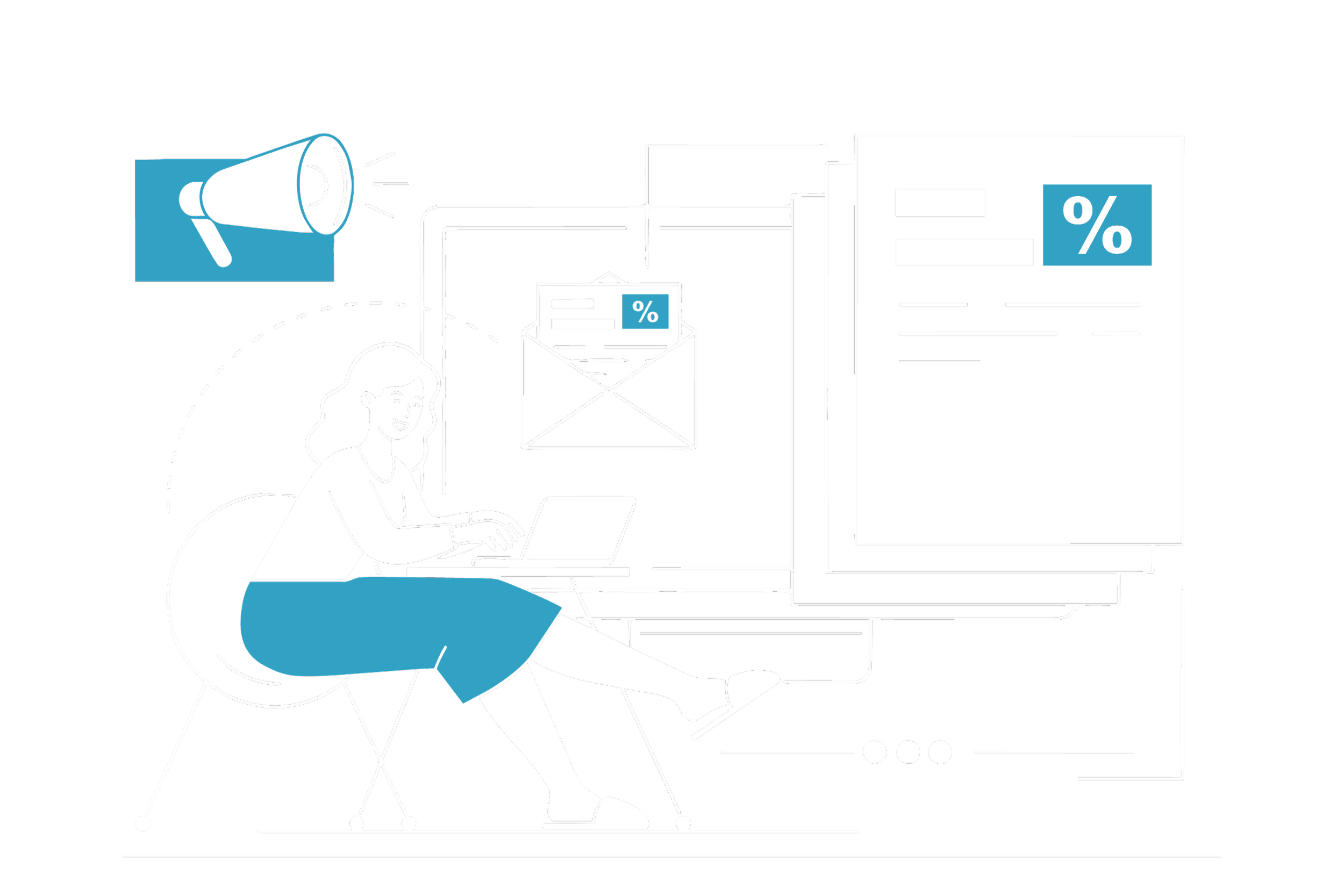 Ilustração de uma mulher sentada em uma cadeira usando um laptop, com uma tela ao fundo exibindo uma caixa de texto, gráficos de barras e uma porcentagem, simbolizando análise de dados ou marketing digital.