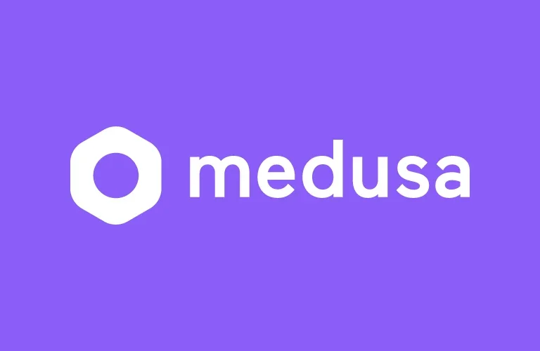 Logotipo com símbolo de círculo irregular e a palavra 'medusa' ao lado, fundo roxo