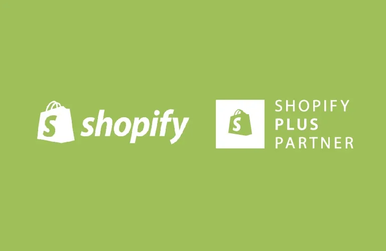 Logotipo do Shopify e selo de parceiro Shopify Plus com fundo verde