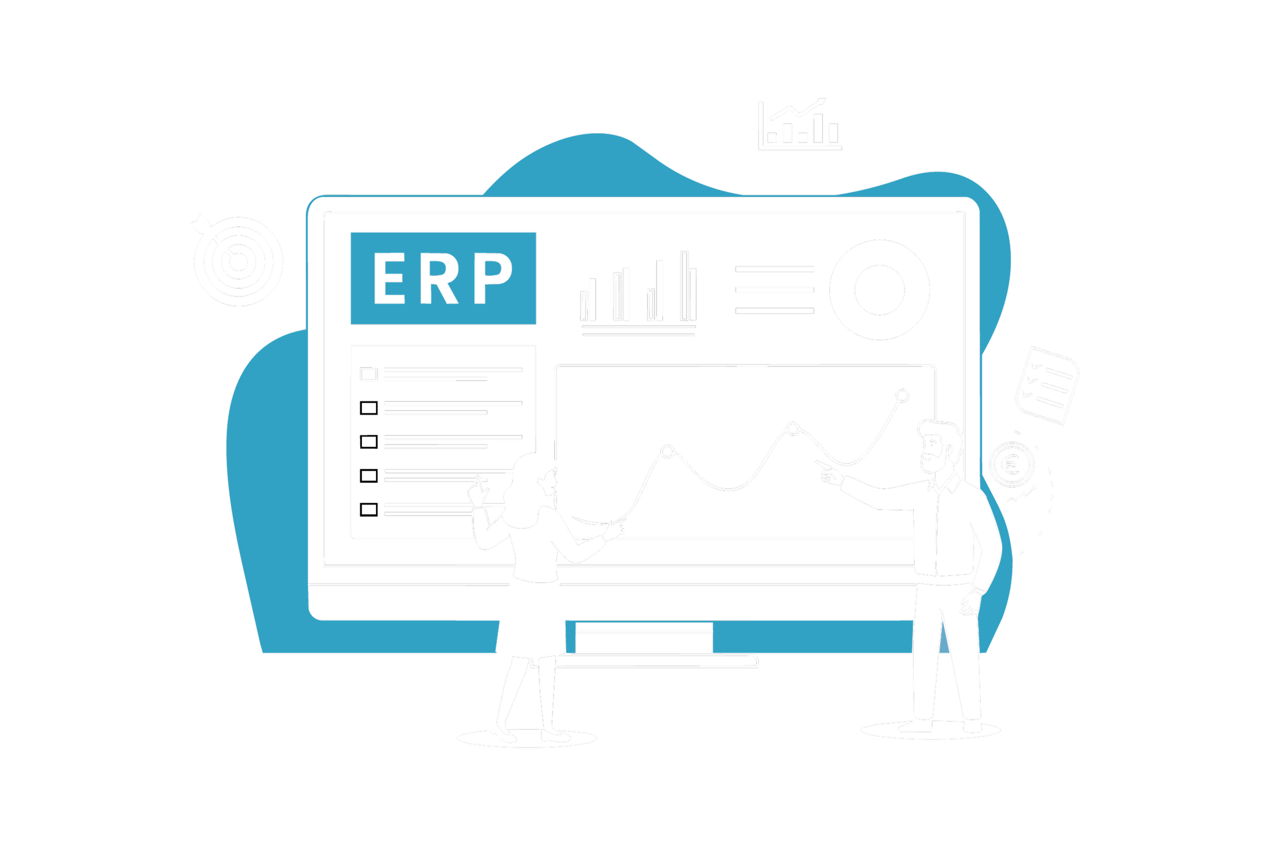 Ilustração de uma tela de computador exibindo gráficos, listas e dados relacionados ao ERP, com duas pessoas interagindo com o conteúdo, uma apontando para o monitor e outra segurando uma caneta, simbolizando análise e discussão de informações empresariais.