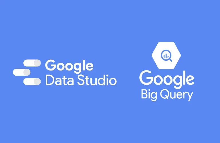 Logos do Google Data Studio e Google BigQuery sobre fundo azul.