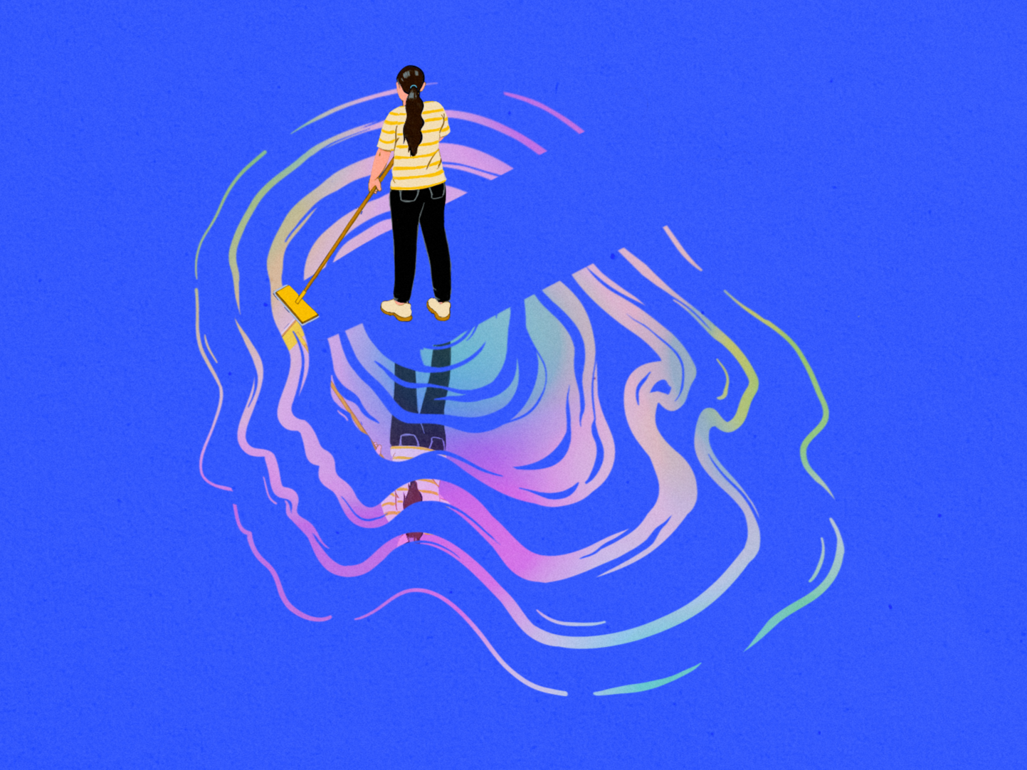 A janitor in a yellow stripped shirt and black jeans cleans an iridescent puddle in the shape of a woman's head.