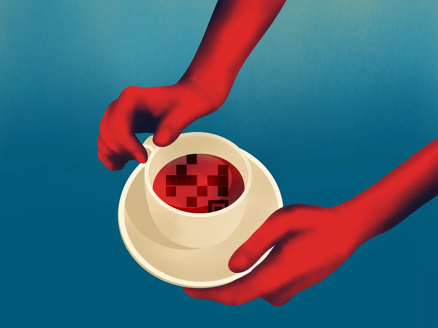 A pair of red hands holds a cream tea cup. The cup contains red liquid with a QR code reflection.