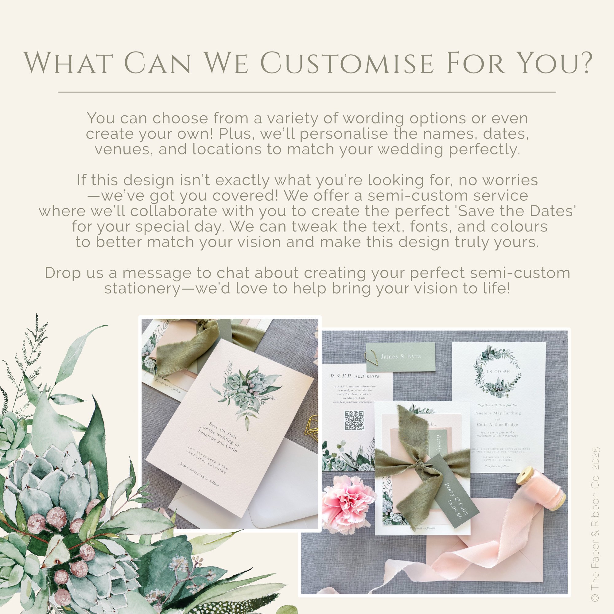 "What Can We Customise?" Infographic by The Paper and Ribbon Co. Information also available in the item description.