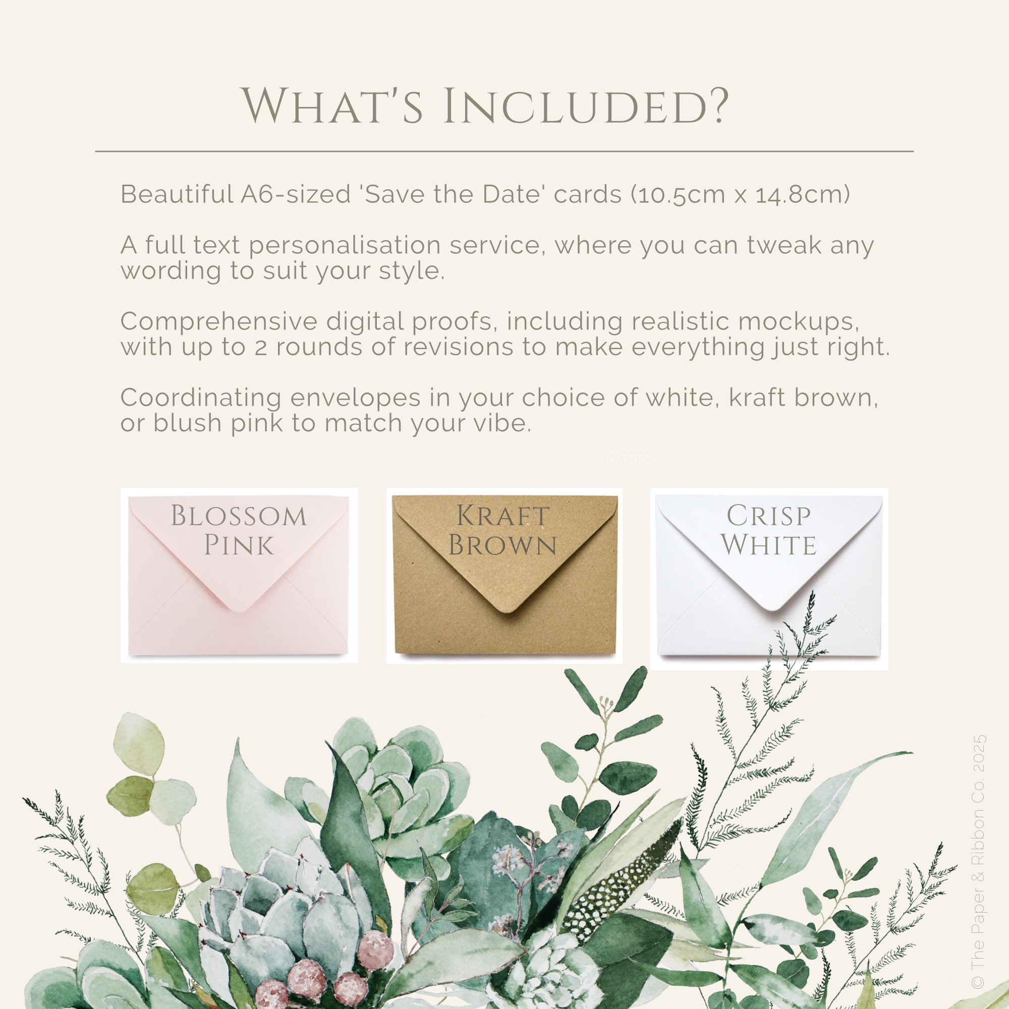 "What's Included?" Infographic by The Paper and Ribbon Co. Information also available in the item description.