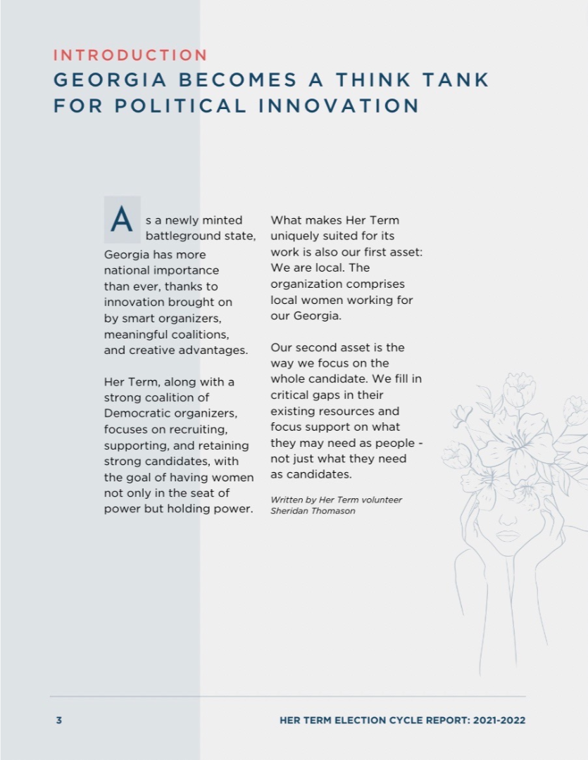 Page from a report titled 'Georgia Becomes a Think Tank for Political Innovation,' with an introduction discussing Georgia's importance, Her Term's focus on local women, and supporting candidates, with a floral illustration in the bottom right corner