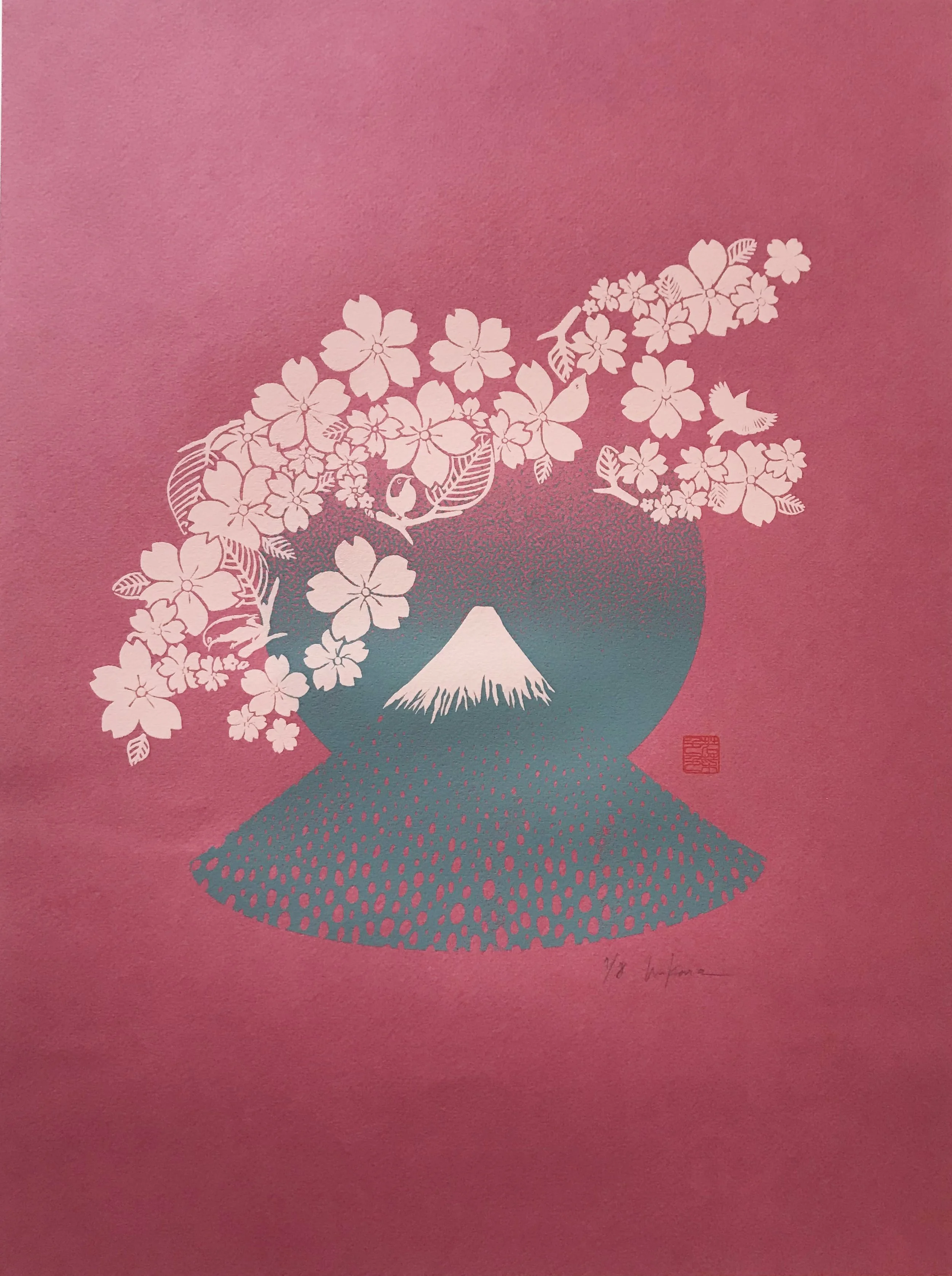 *Wakanacolors* Mount Fuji and cherry blossoms illustration on pink background.