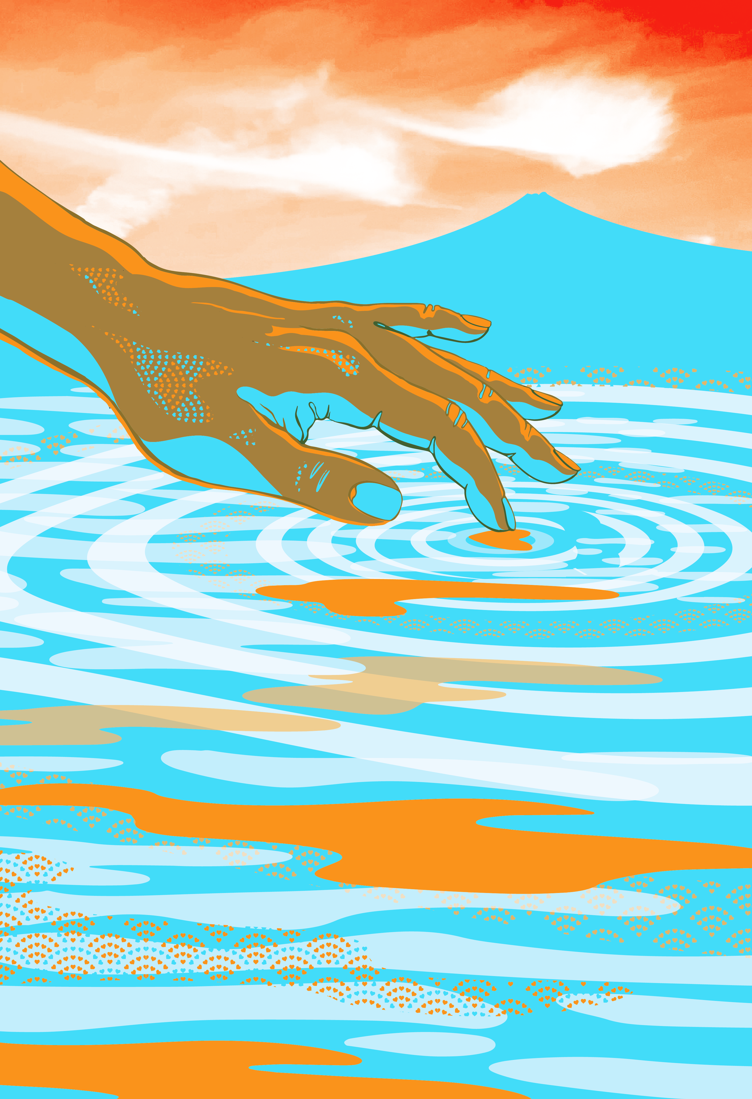 *Wakanacolors* Illustration of a hand touching water creating ripples, with a mountain and orange sky in the background.