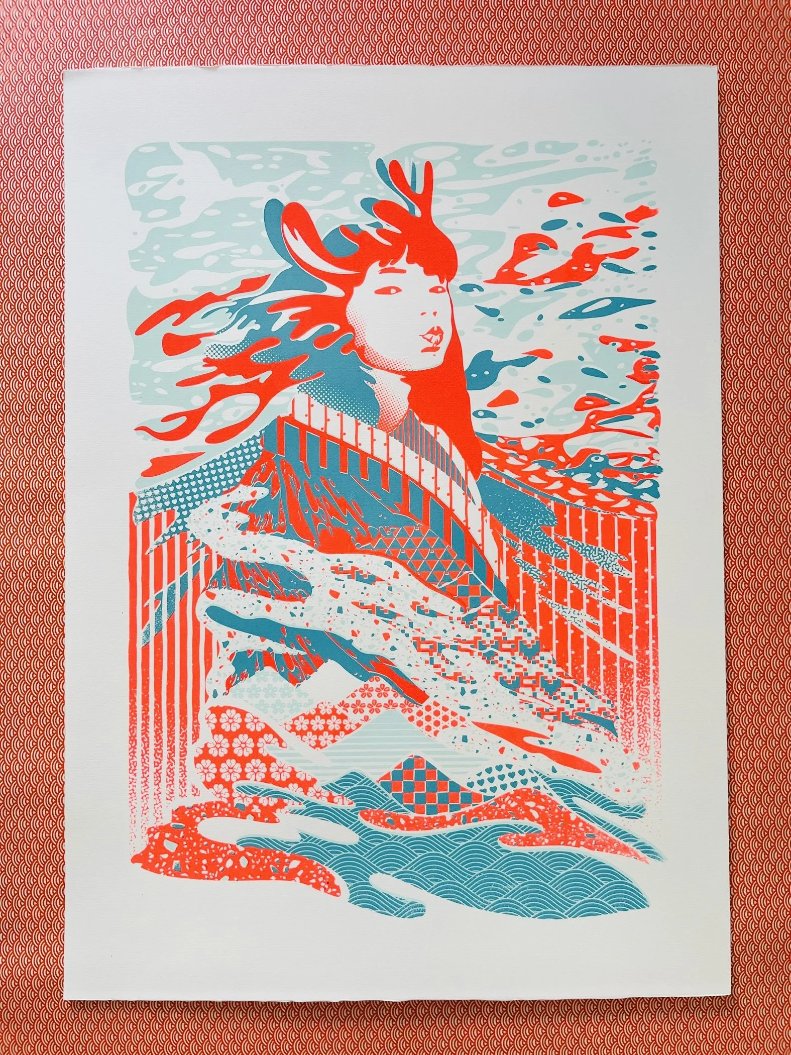 *Wakanacolors* Colorful Serigraphy (Hand pulled screen print) 
Collection 'Landscape of Dignity' 
Artwork: 'When I grow Older'
A young woman, stands enveloped in patterns that draw a kimono-like landscape of emotions, steadfast in strength and sereni