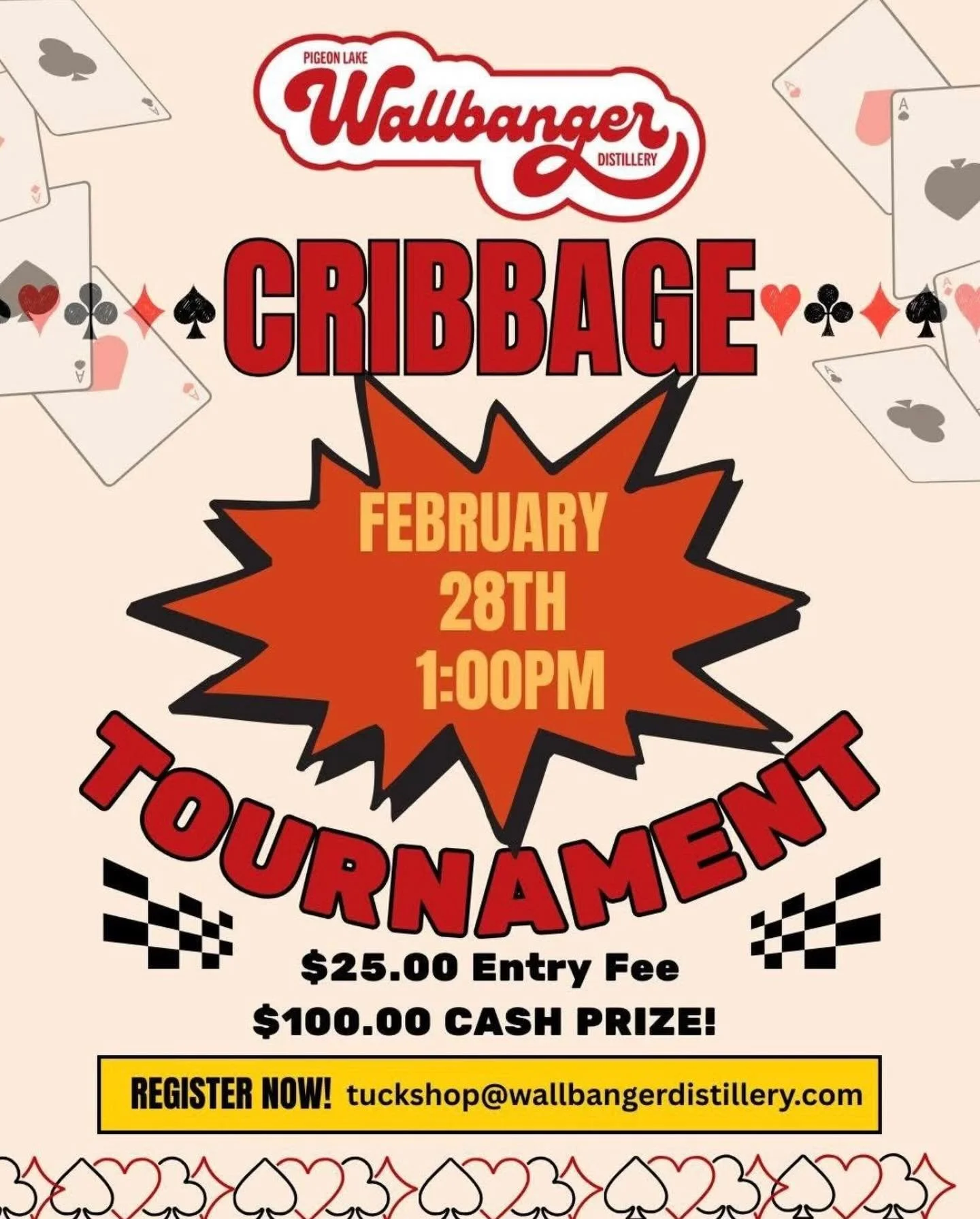Get ready to peg your way to glory at Wallbanger! 

We&rsquo;re hosting a Cribbage Tournament on February 28th at 1:00 PM, and it&rsquo;s time to shuffle up and show us what you&rsquo;ve got!

$25 entry fee
$100 CASH PRIZE
Bragging rights included (a