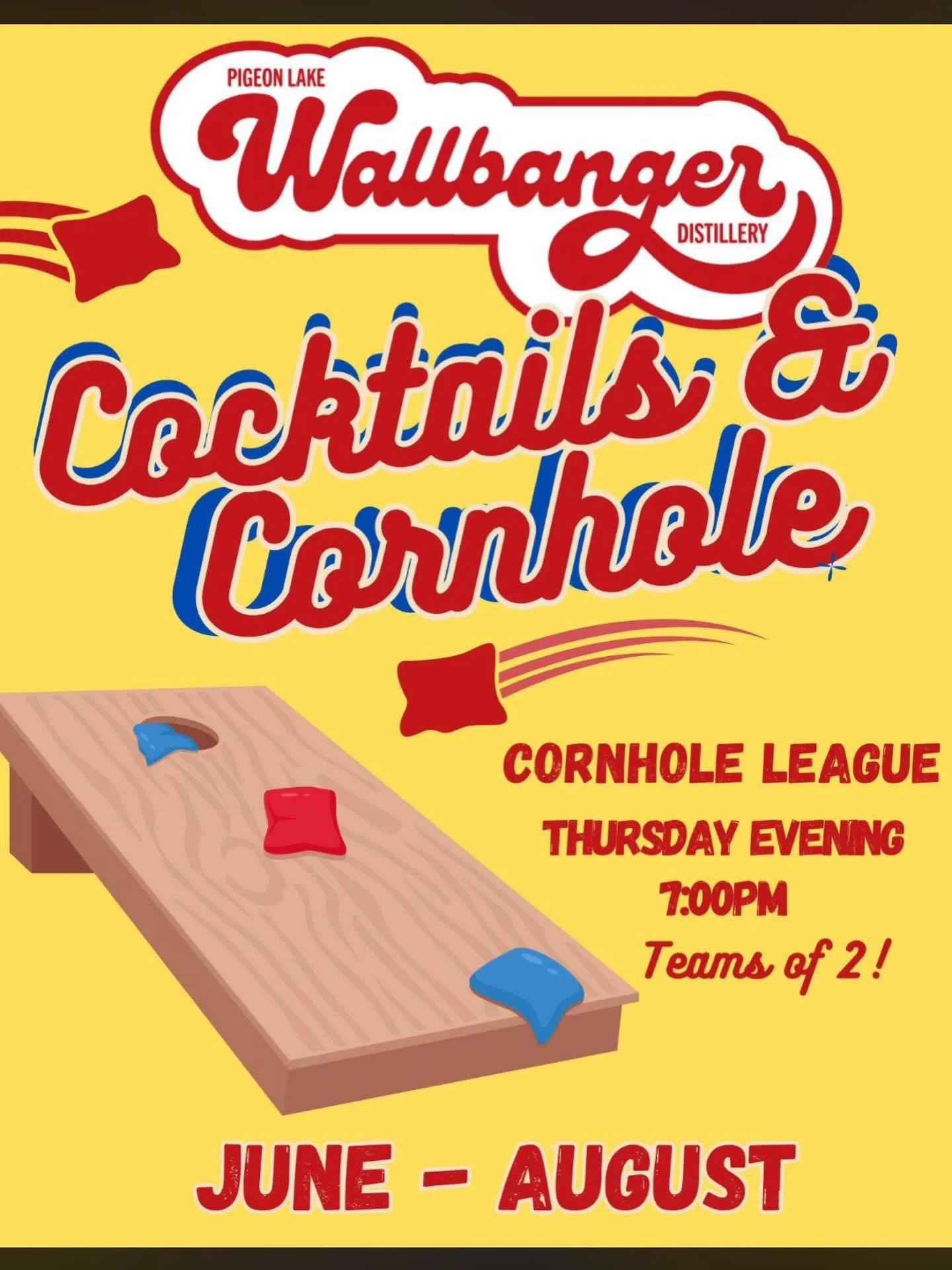Calling all cocktail-sipping, bag-tossin&rsquo;, trash talking legends! 

The Wallbanger Cocktails and Cornhole League is BACK this summer, and it is going to be EPIC.

Game Plan:
Thursday Nights - 7:00pm. 
June 4 &ndash; August 20 (12-week league)
T