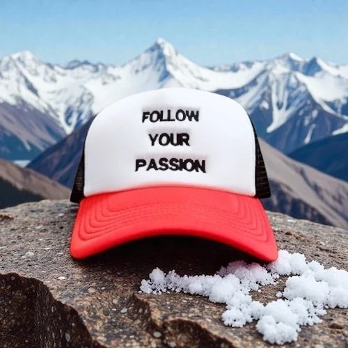 FOLLOW YOUR PASSION TRUCKER HAT RED, BLACK, & WHITE