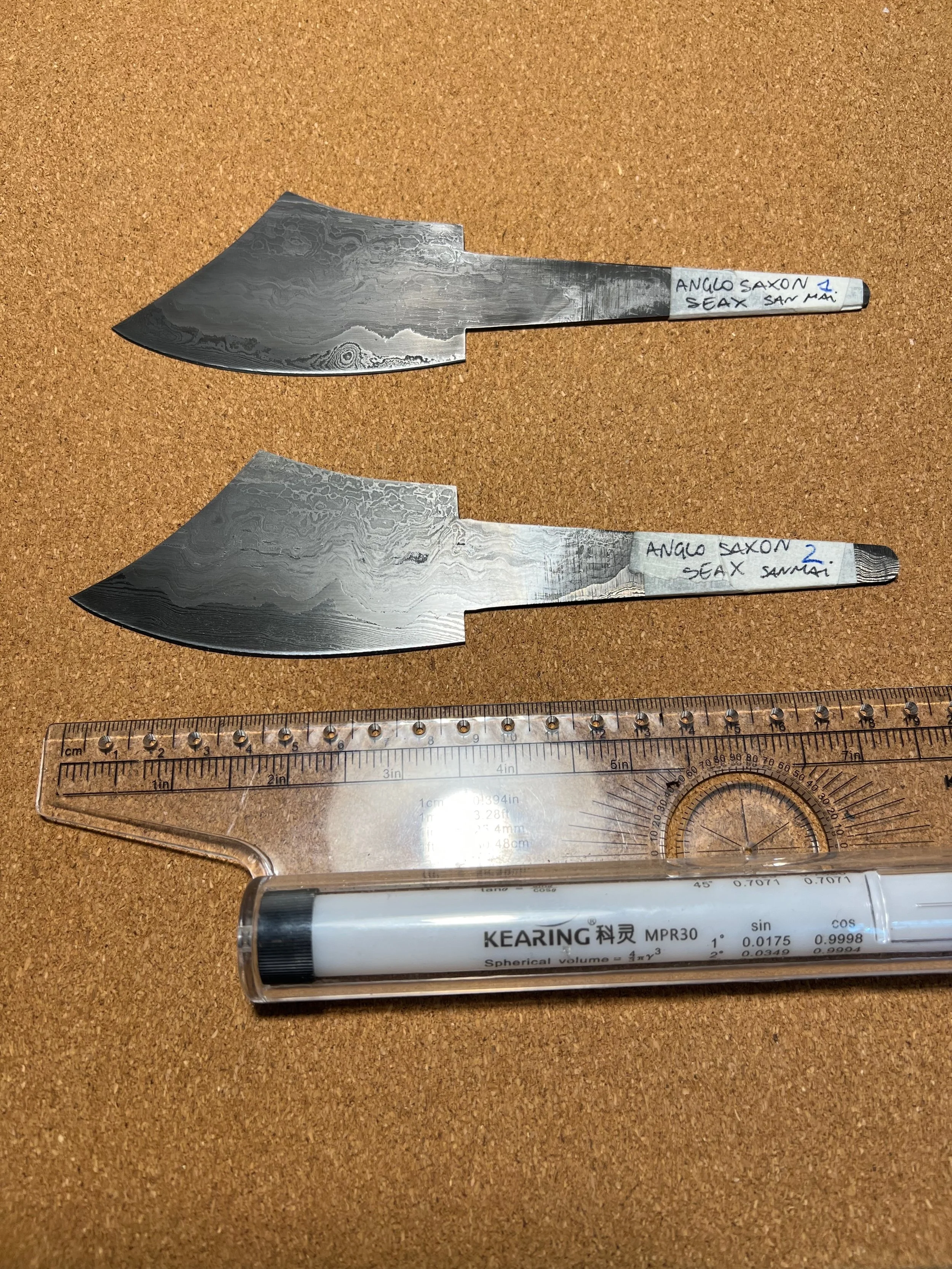 Anglo Saxon seax blades - San Mai construction Damascus steel