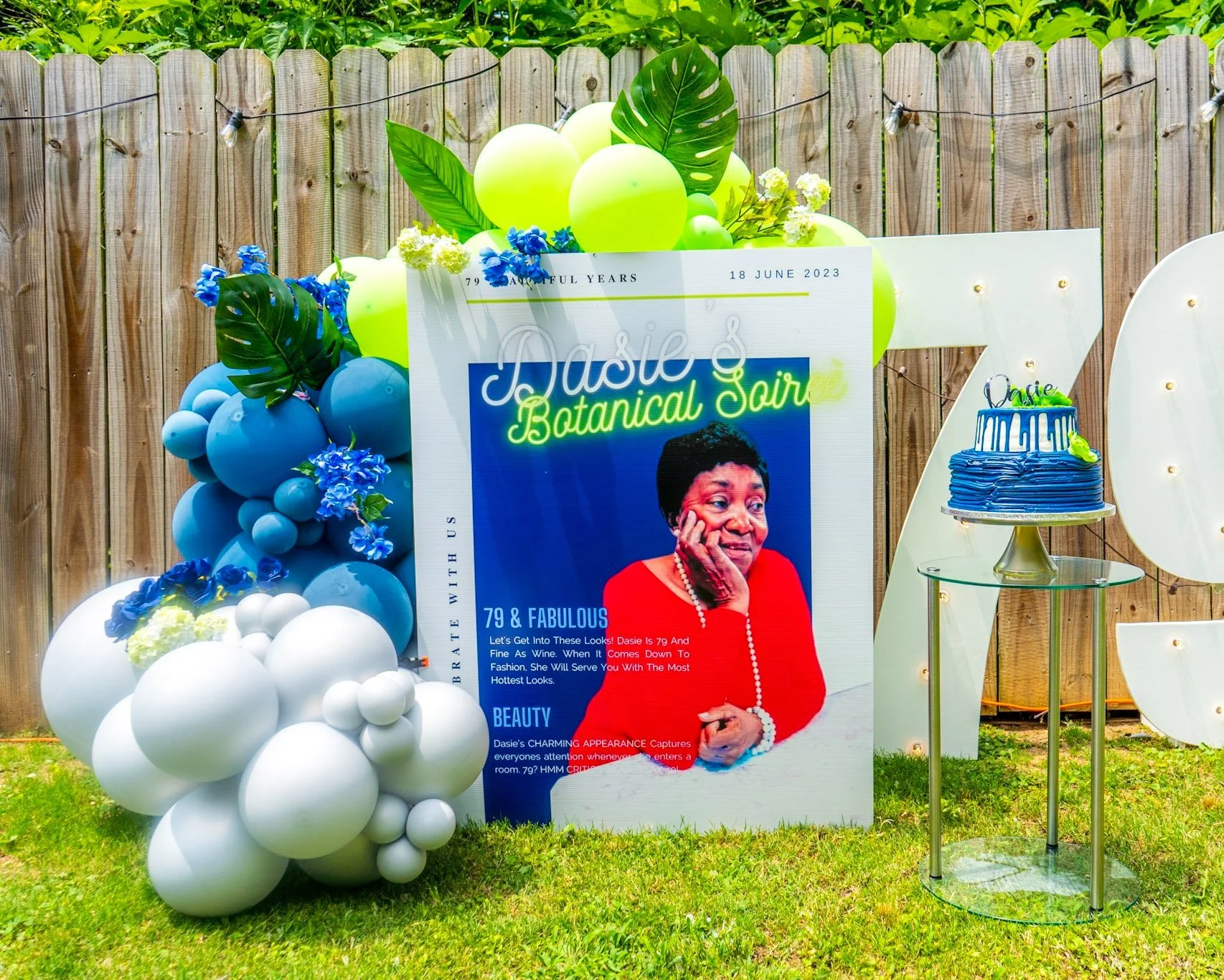 navy blue, lime green, and silver standee balloon garland for a birthday party in Atlanta